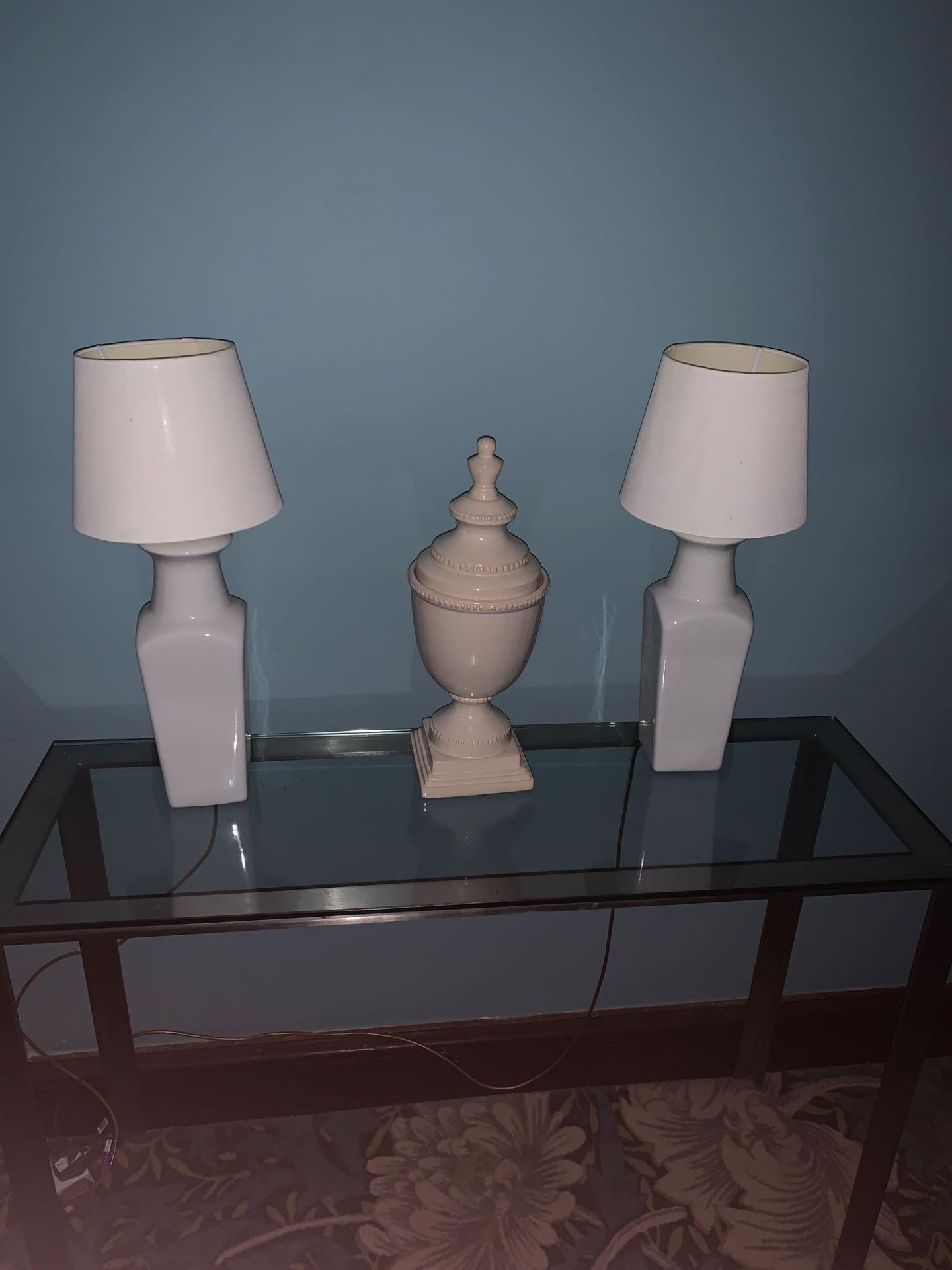 A Pair Of White Ceramic Table Lamps And A Ceramic Urn 60cm