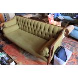 Regency Style Sofa Green Two Seater Sofa With Wooden Ornate Carvings On Castors 1800 x 750 x 850mm