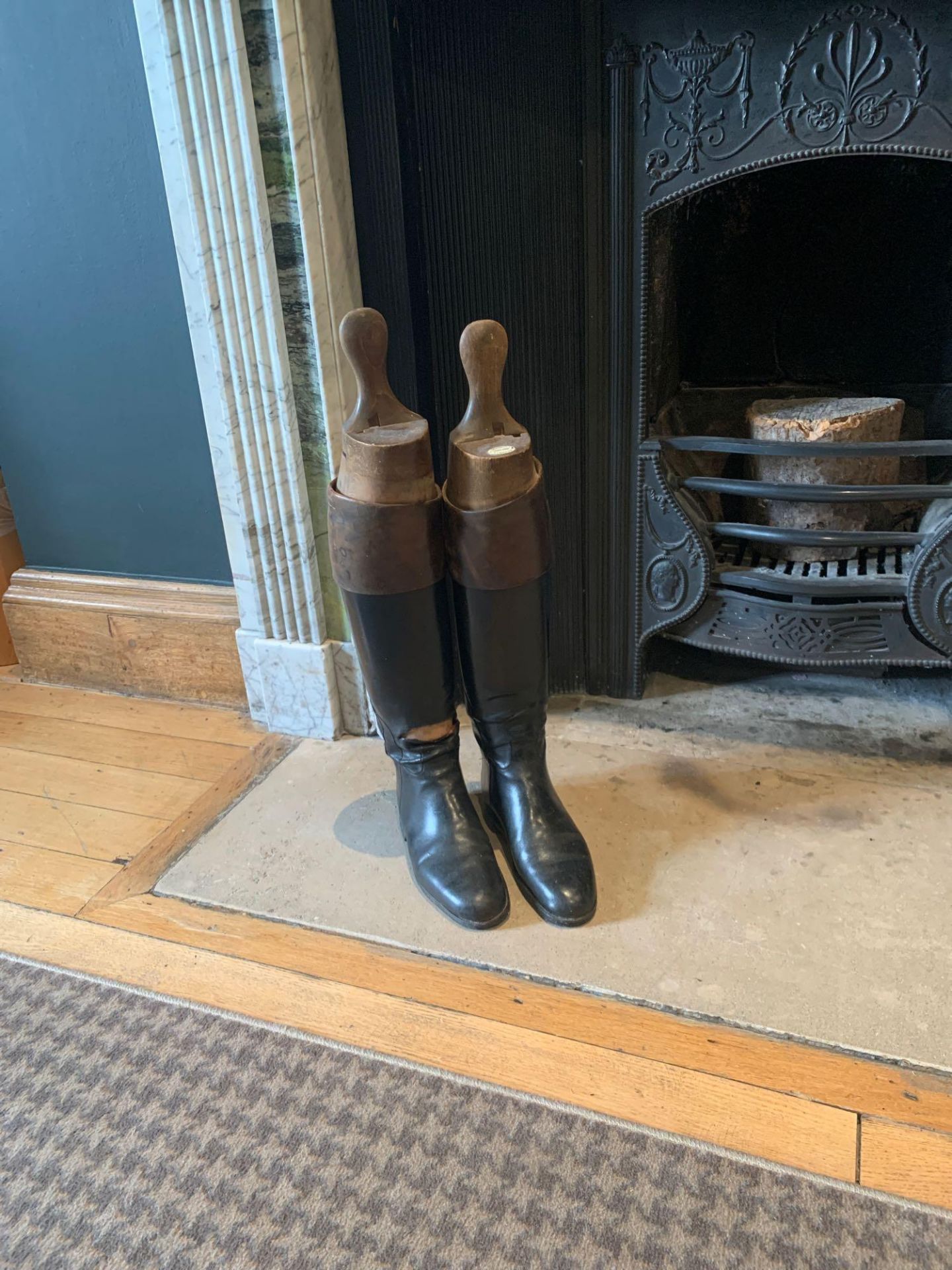 Vintage Maxwell London Black Patent Riding Boots And Wooden Boot Trees - Image 2 of 3
