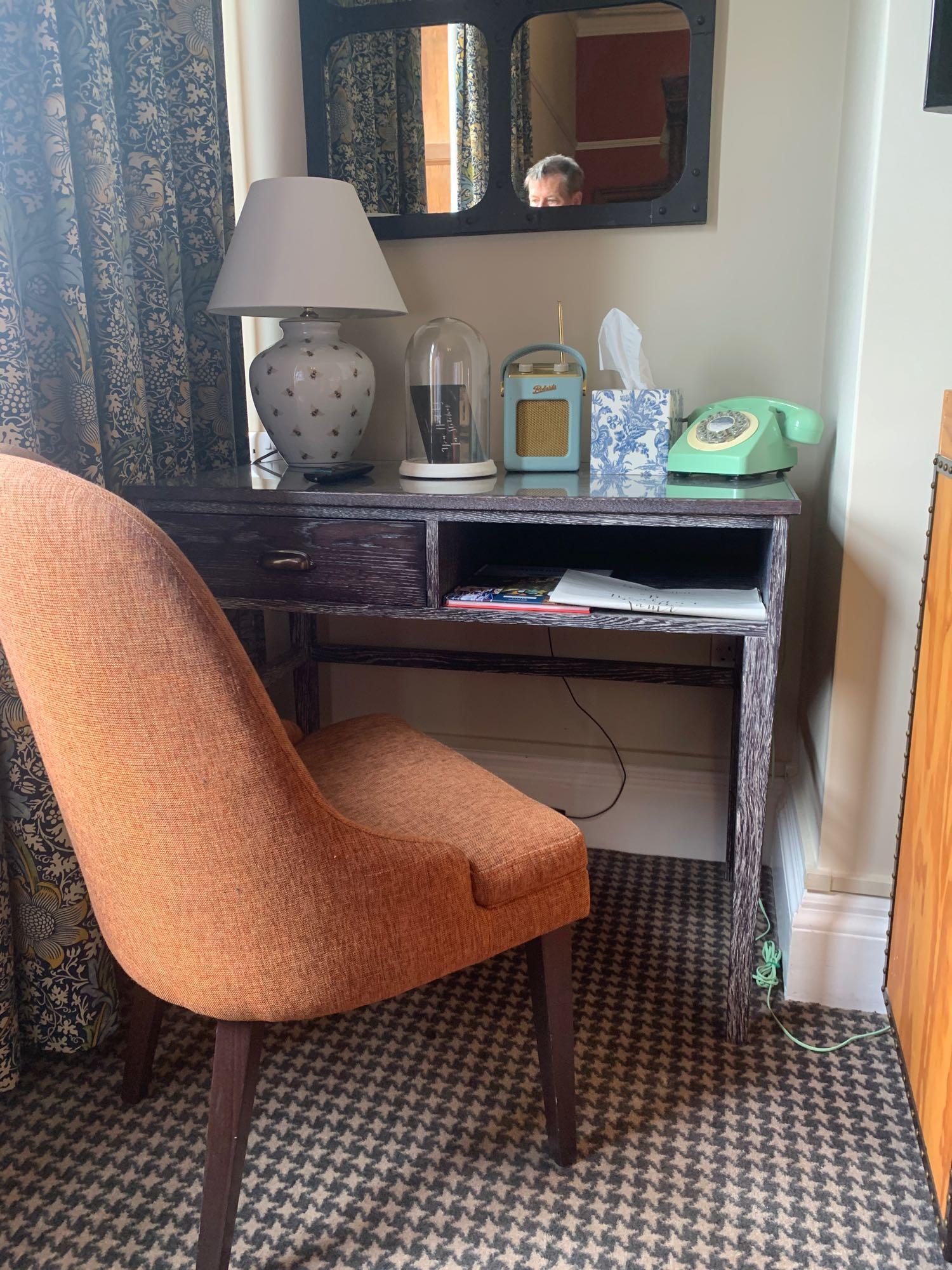 Black Oak Writing Desk 97cm With Drawer Complete With Andy Thornton Upholstered Side Chair