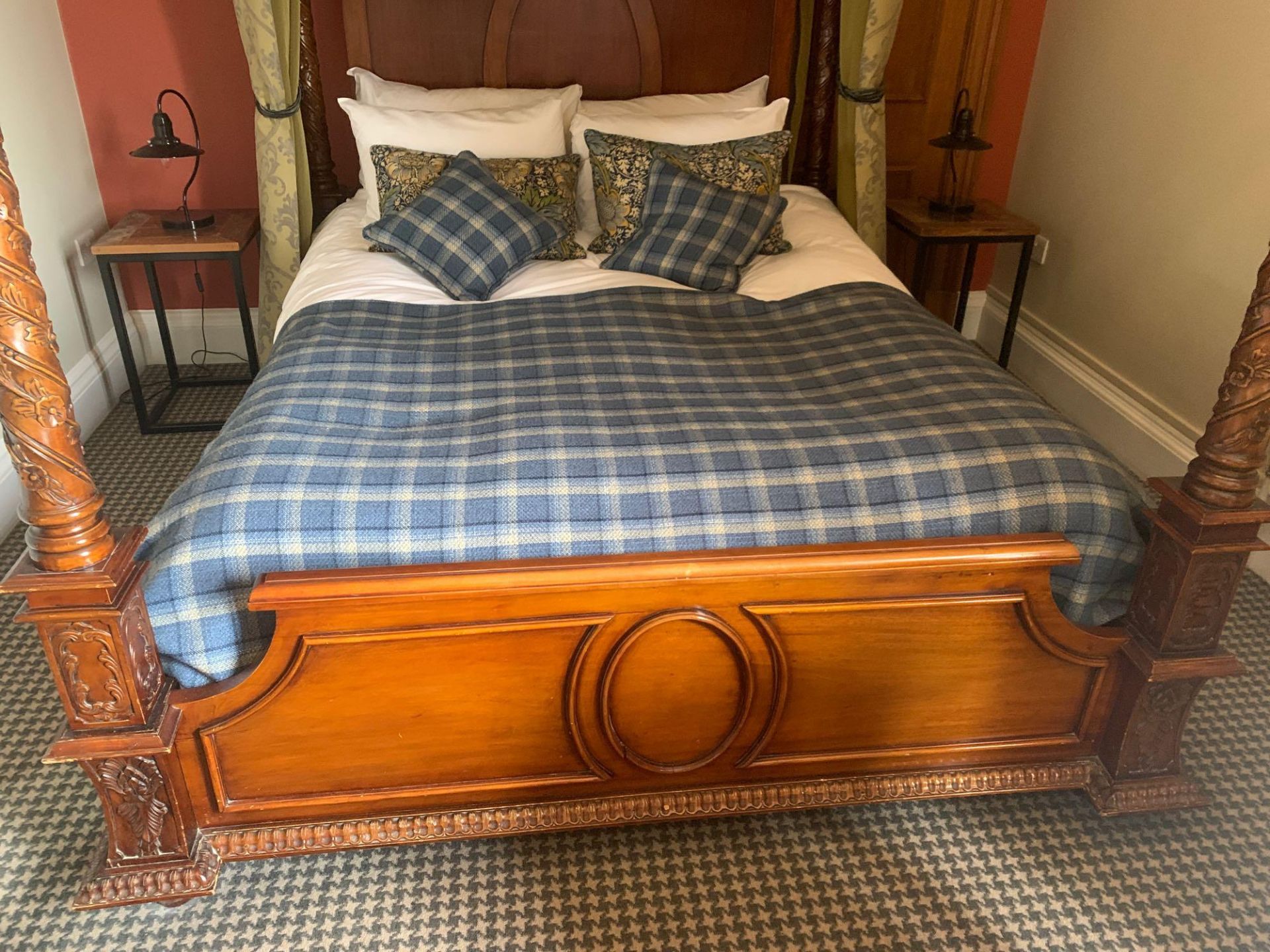 Mahogany Carved 4 Poster Bed Complete With Canopy Antique French Style Bed With Dressed Column Posts - Image 4 of 5