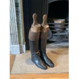 Vintage Maxwell London Black Patent Riding Boots And Wooden Boot Trees