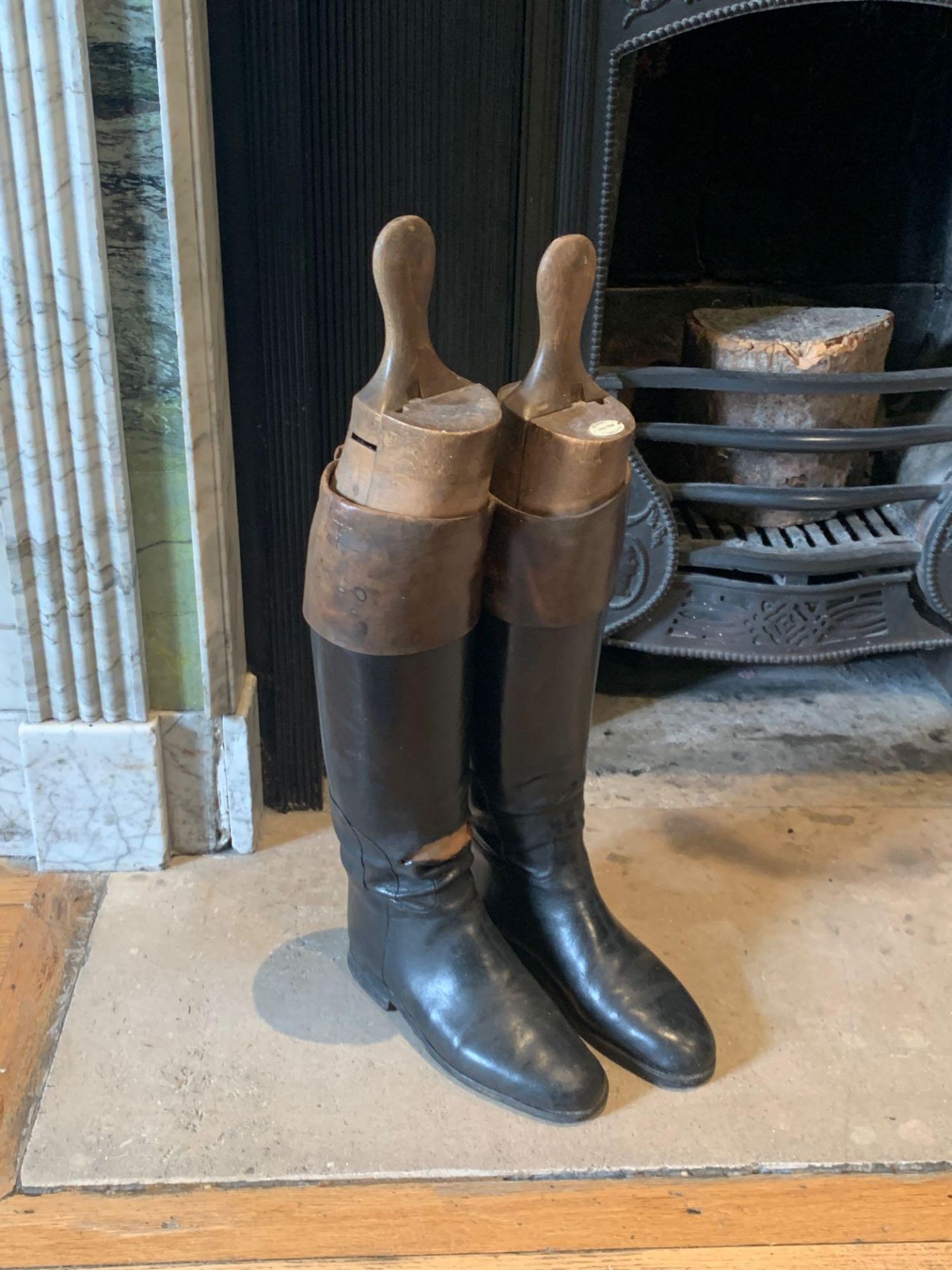 Vintage Maxwell London Black Patent Riding Boots And Wooden Boot Trees