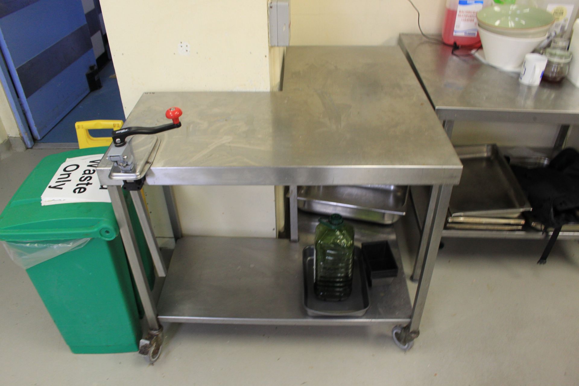 Stainless Steel Mobile Corner Preparation Table With Undershelf & Bonzer Can Opener 1000 x 1000mm