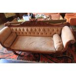 Brown Suede Two Seater Sofa With Wooden Ornate Carvings 2000 x 550 x 900mm