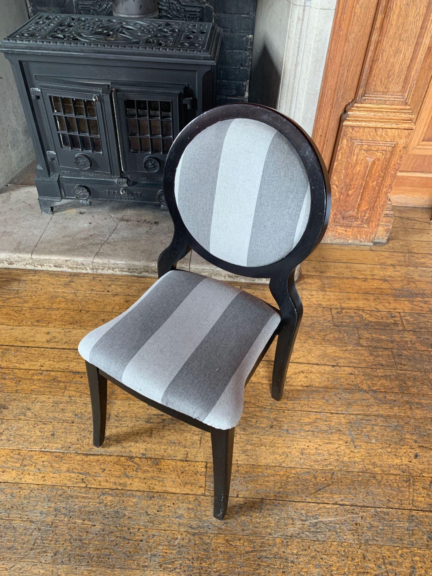 Burgess Furnitures Furniture Round Back Grey Striped Banquet Chairs x 10 95 x 43 x 98cm