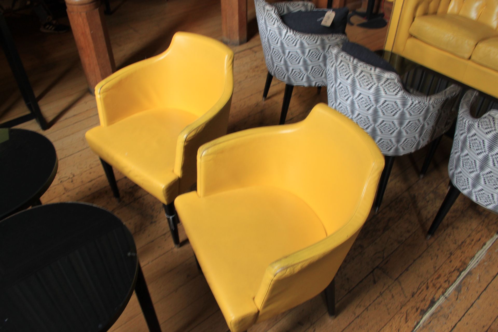 A Pair Of Moroso Yellow Leather Chairs With Black Wooden Legs Pitch 450 x 550w x 780h Mm