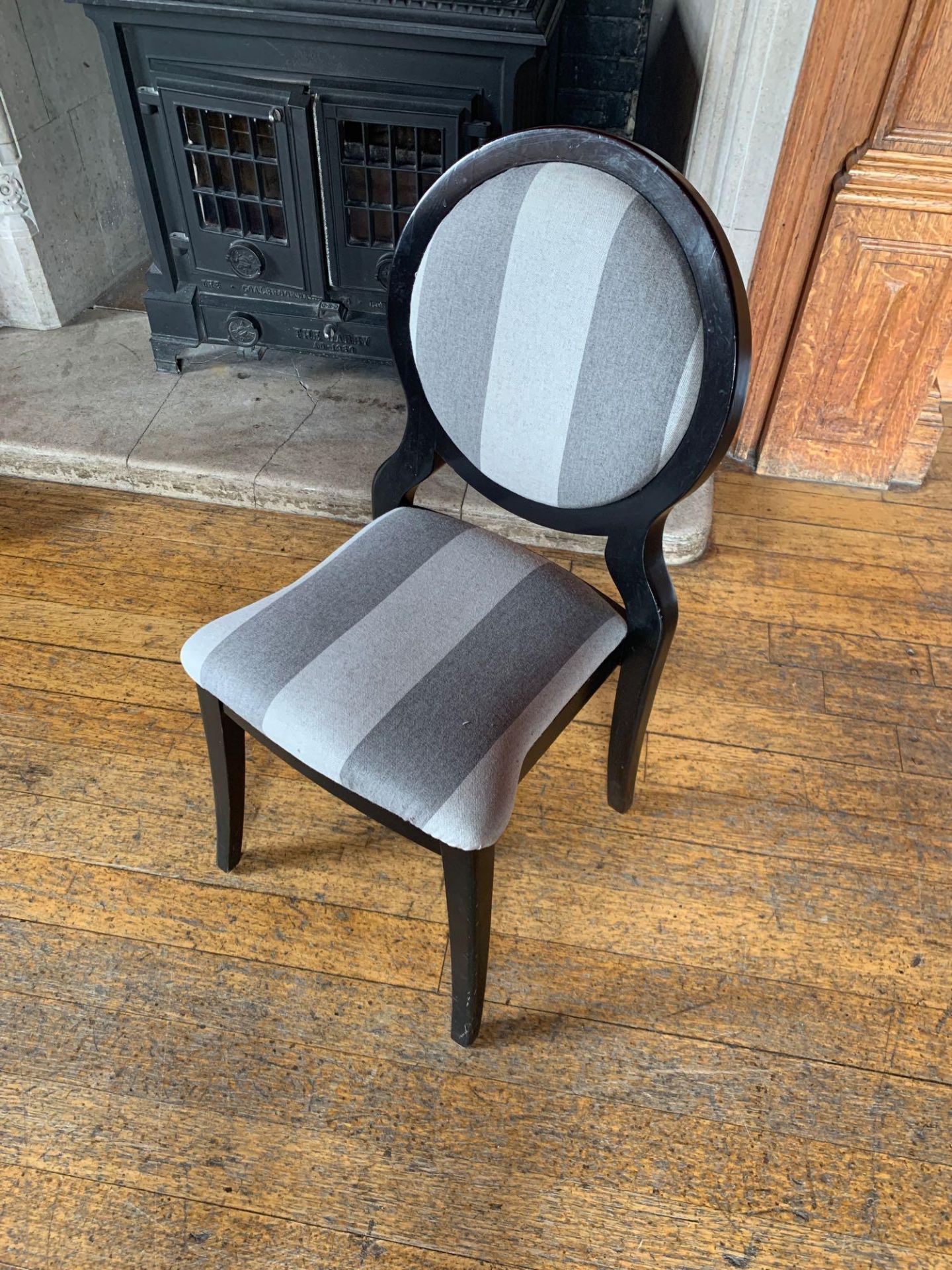 Burgess Furnitures Furniture Round Back Grey Striped Banquet Chairs x 10 95 x 43 x 98cm