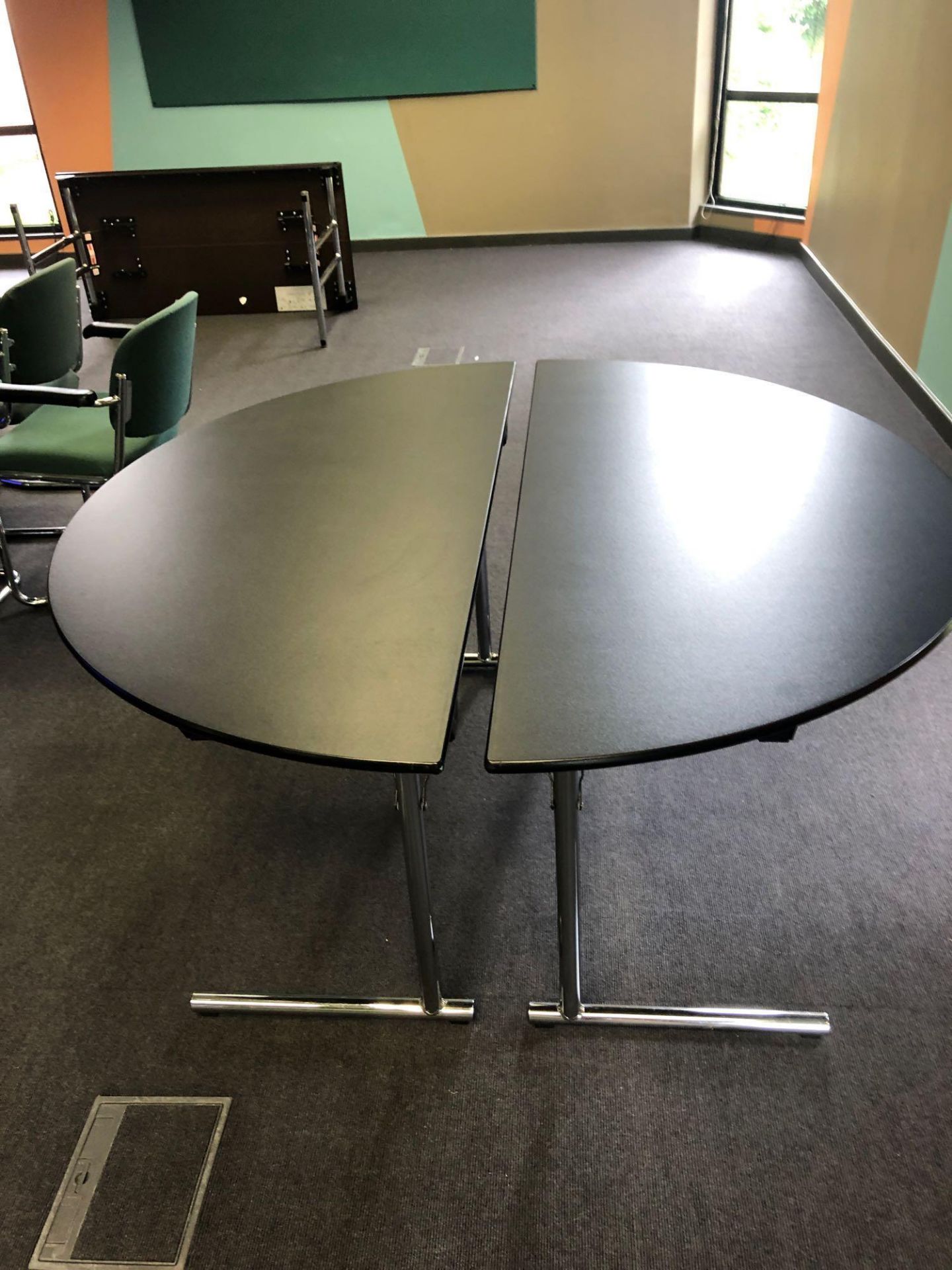 5x Burgess Furnitures Black And Chrome Conference Half Circle Tables 1500 x 750 Mm