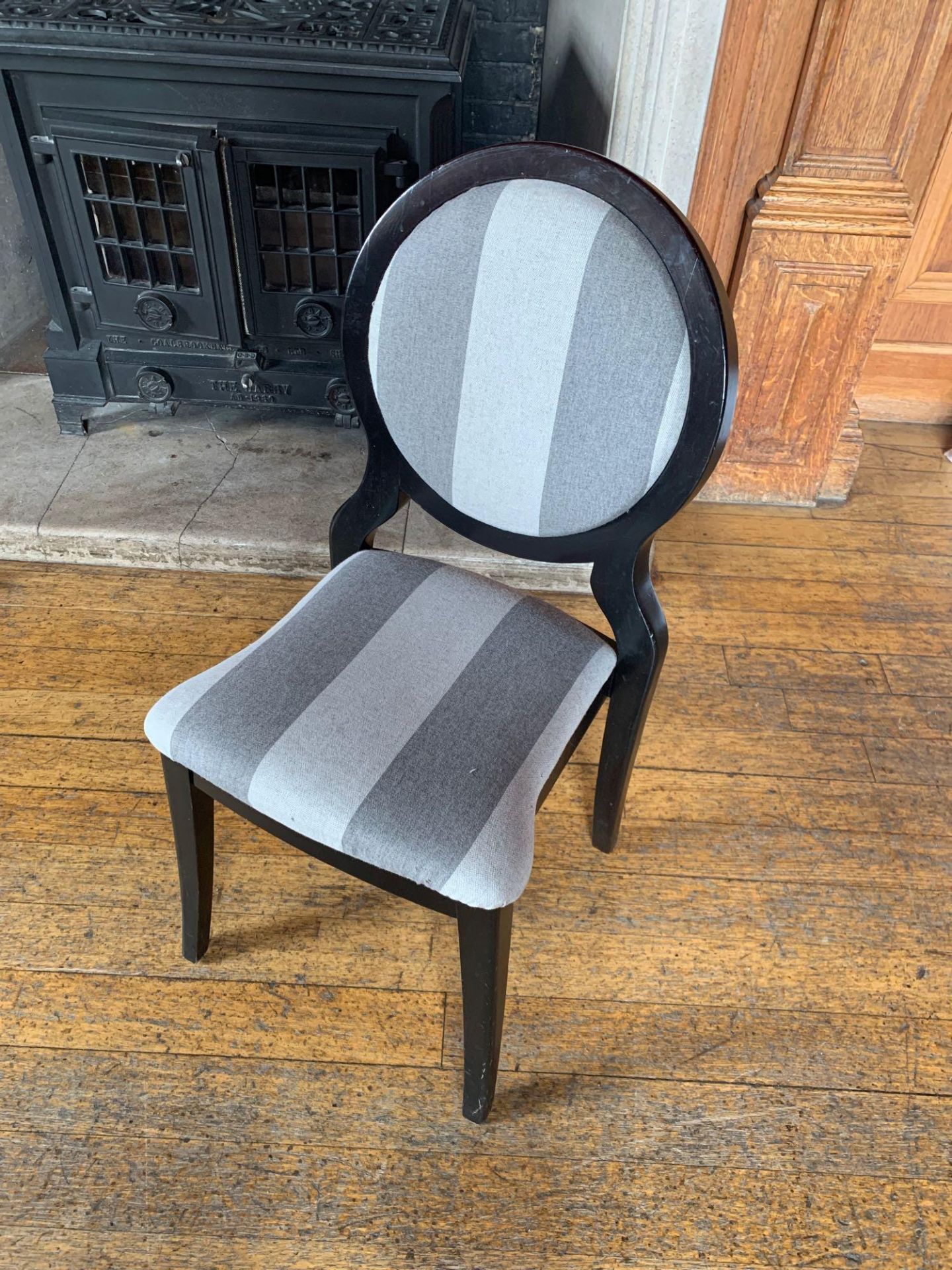 Burgess Furnitures Furniture Round Back Grey Striped Banquet Chairs x 10 95 x 43 x 98cm