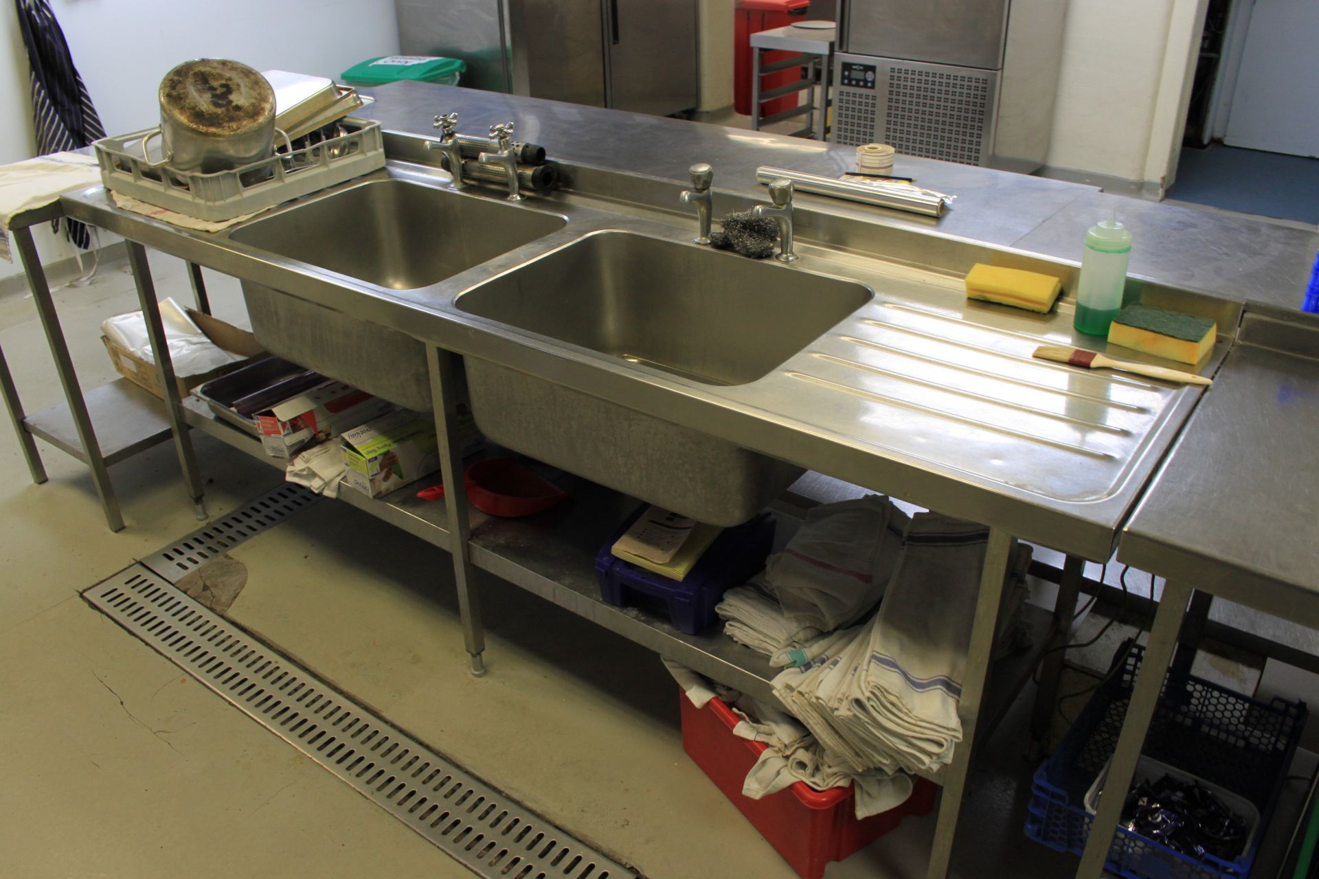 Commercial Stainless Steel Twin Basin Sink With L/H & RH Drainer, Upstand, Undershelf & Drawer