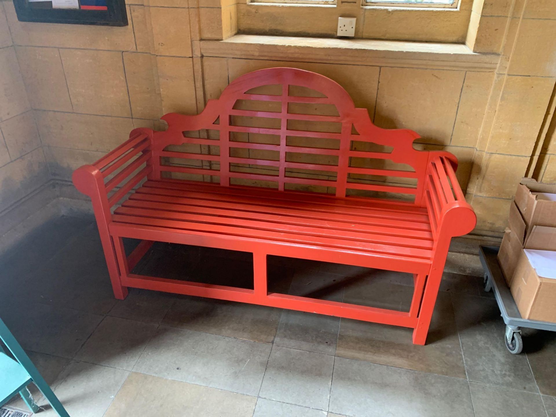 Painted Chinoiseries Styled Bench With Scroll Arm 165cm X 105cm - Image 2 of 3