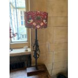 Oak And Metal Carved Tall Lamp With Linen Shade 123cm Tall
