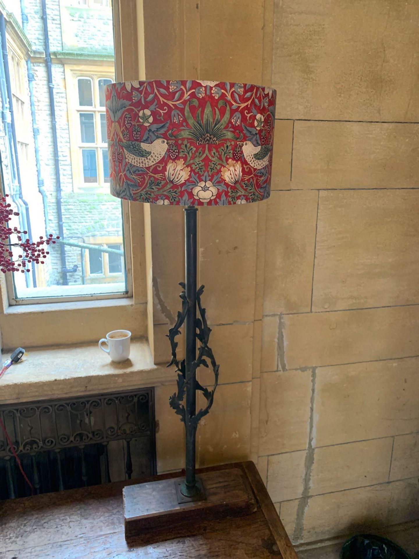 Oak And Metal Carved Tall Lamp With Linen Shade 123cm Tall