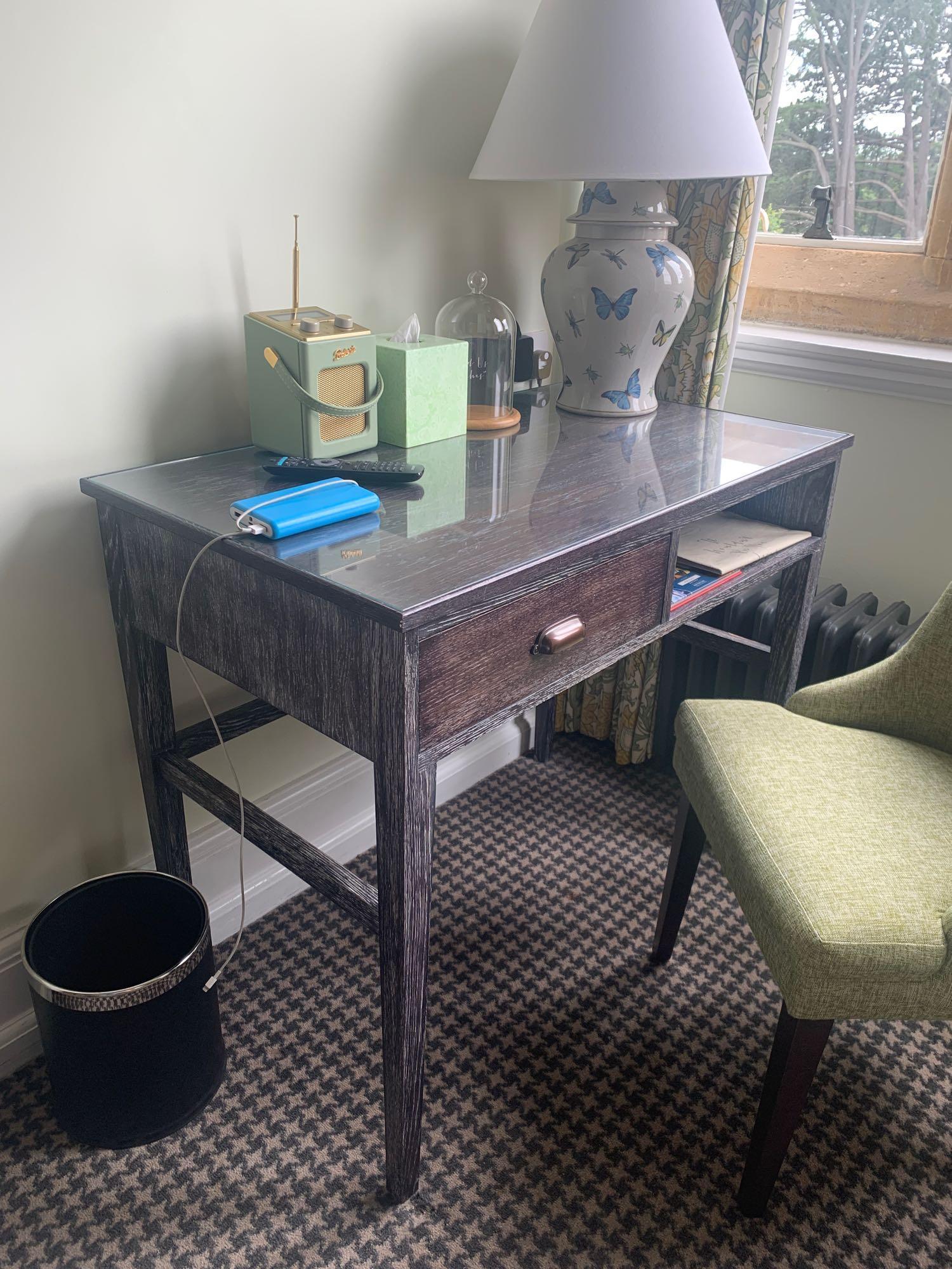 A Contemporary Desk Enhanced With A Sleek Washed Black Wood Finish 140 x 57 x 81cm With Drawers