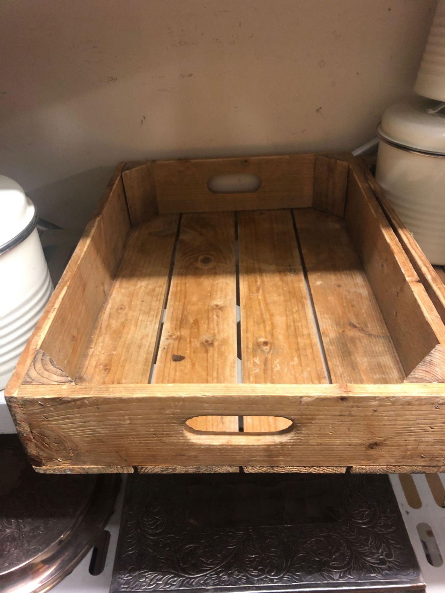 10 X Various Sizes Wooden Crates And Two Wicker Display Baskets