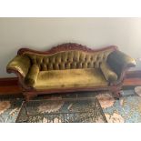 Regency Mahogany Scroll Arm Sofa Upholstered Back And Seat Ending On Carved Shaped Feet With Brass