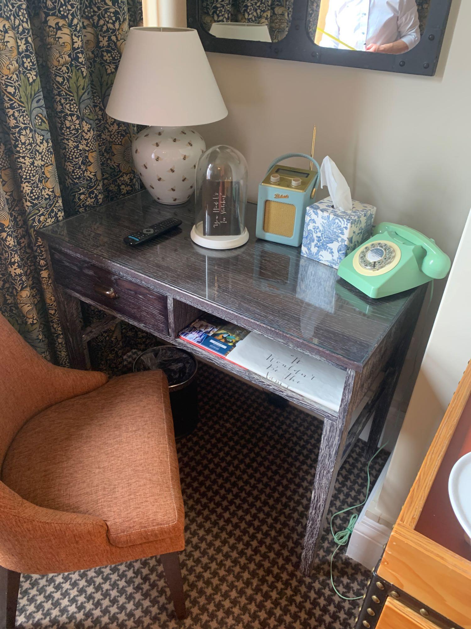 Black Oak Writing Desk 97cm With Drawer Complete With Andy Thornton Upholstered Side Chair - Image 2 of 3