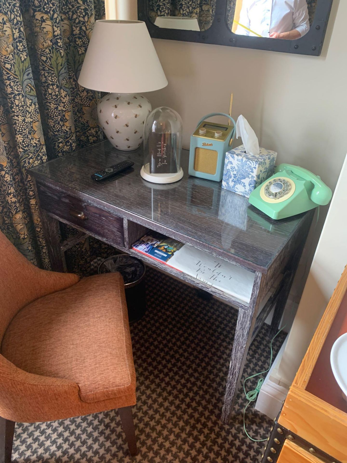 Black Oak Writing Desk 97cm With Drawer Complete With Andy Thornton Upholstered Side Chair - Image 2 of 3