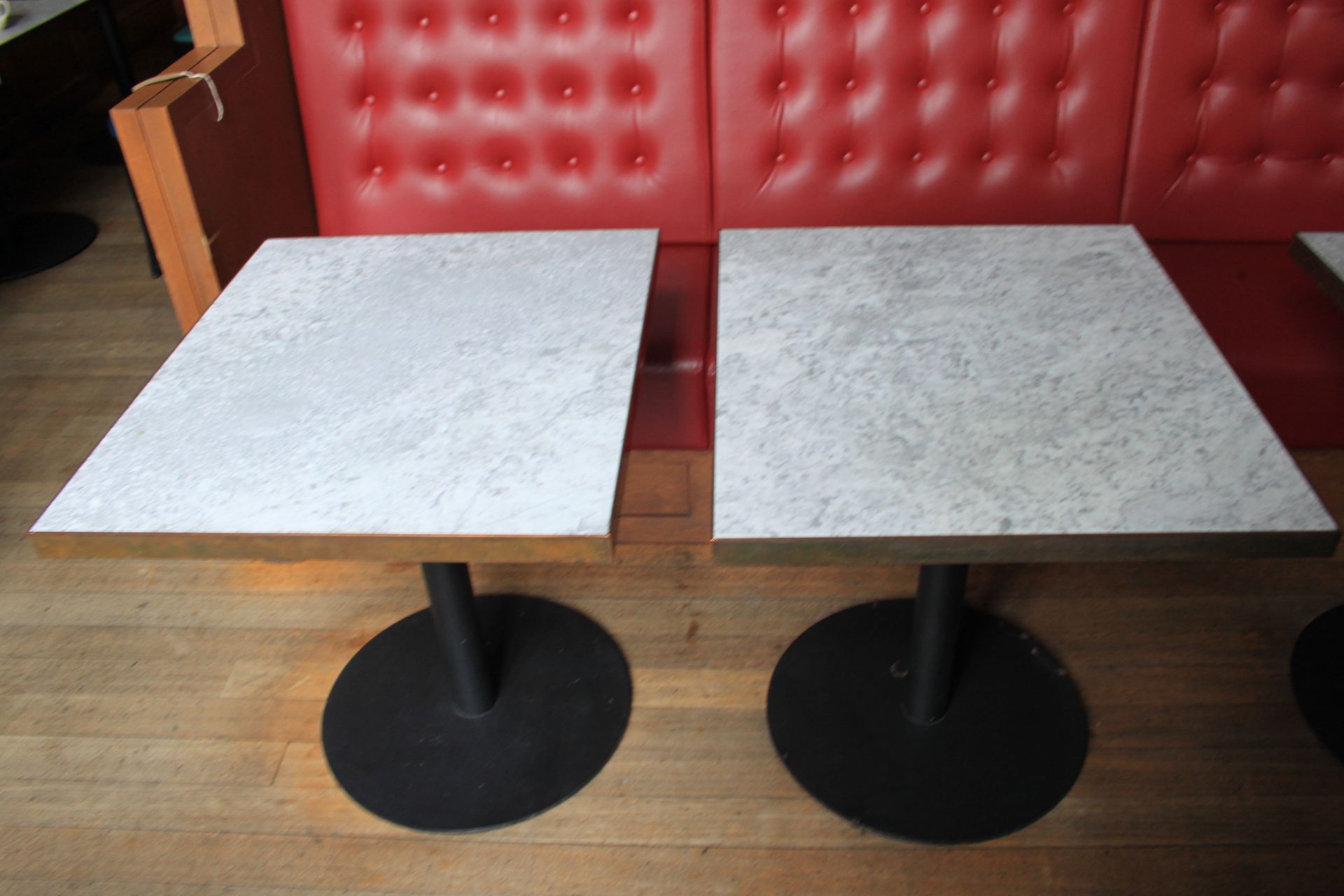 A Pair Of Copper Edged Marble Top Dining Tables 800 x 700mm Bespoke Designed By Benchmark Furniture