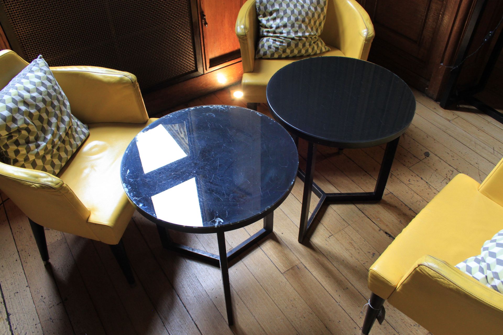 A Pair Of Round Black Wooden Glass Topped Coffee Tables 540 x 600mm