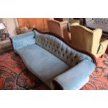 Turquoise Suede Two Seater Sofa With Ornate Wooden Carvings 2200 x 650 x 780mm