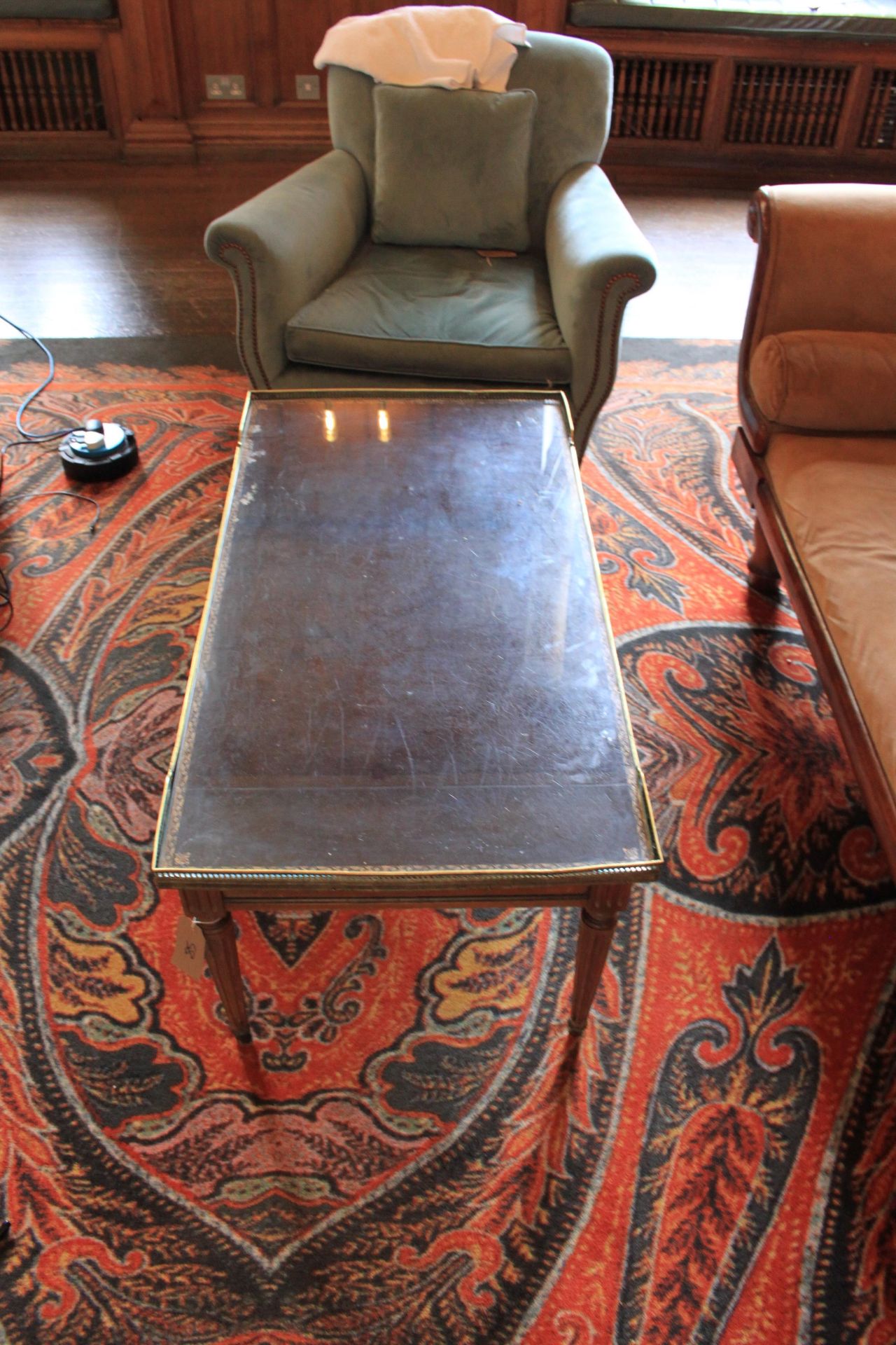 Brass & Wood With Glass Top Coffee Table  round fluted legs with galleried top 1060 x 560 x 450mm