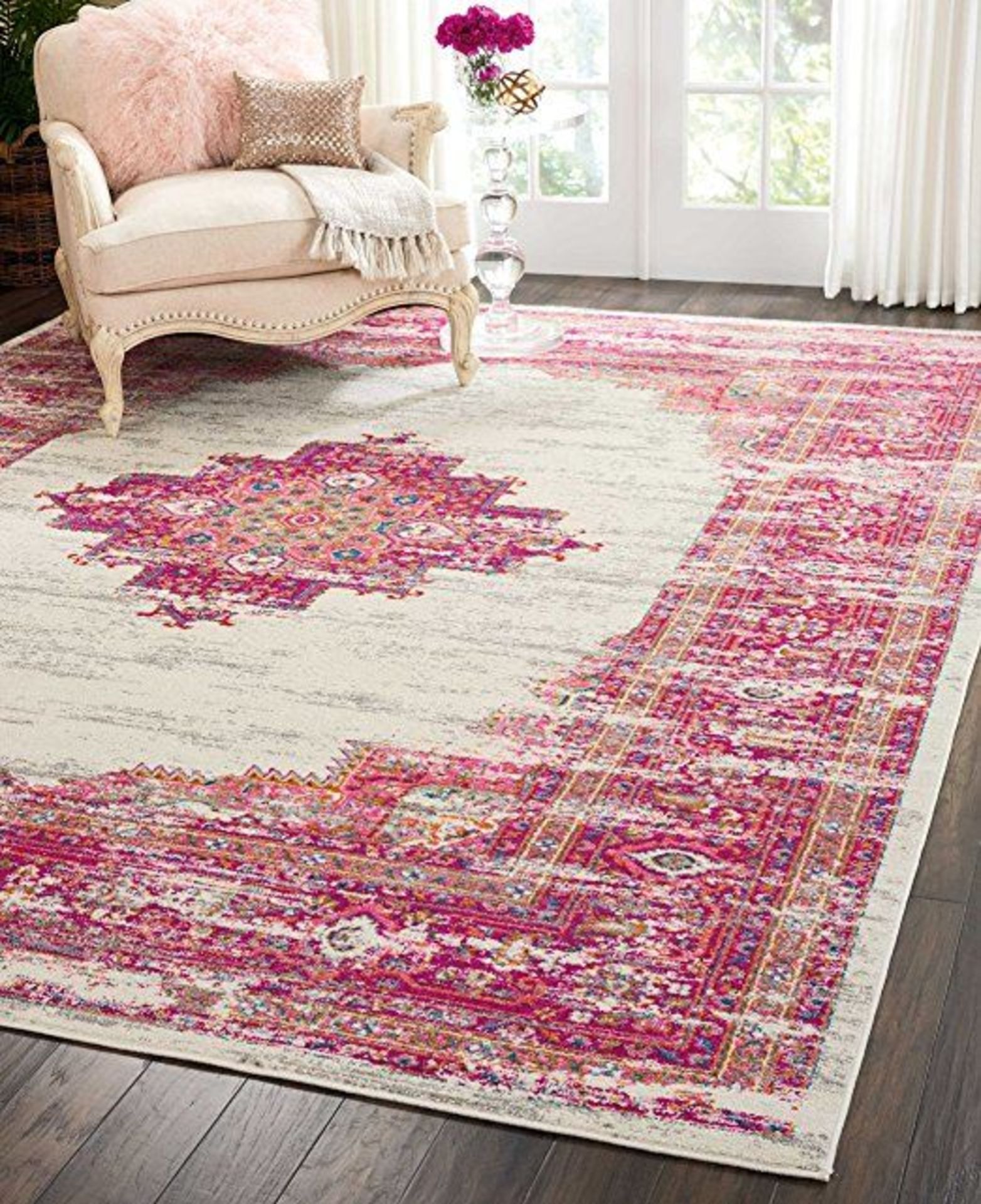 Ivory and Fuchsia Passion Rug Imaginative flowers in lush and saturated pigments grace this - Image 3 of 3