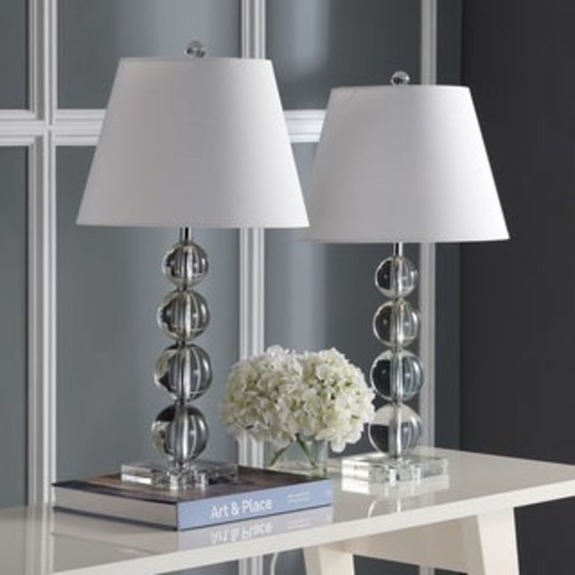 A Pair off Safavieh Millie 1-Light Stacked Crystal Ball Table Lamp in Clear with Cotton Shade The