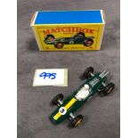 Mint Matchbox Series Lesney Diecast #19 Lotus Racing Car With Racing Number Three In Excellent Box