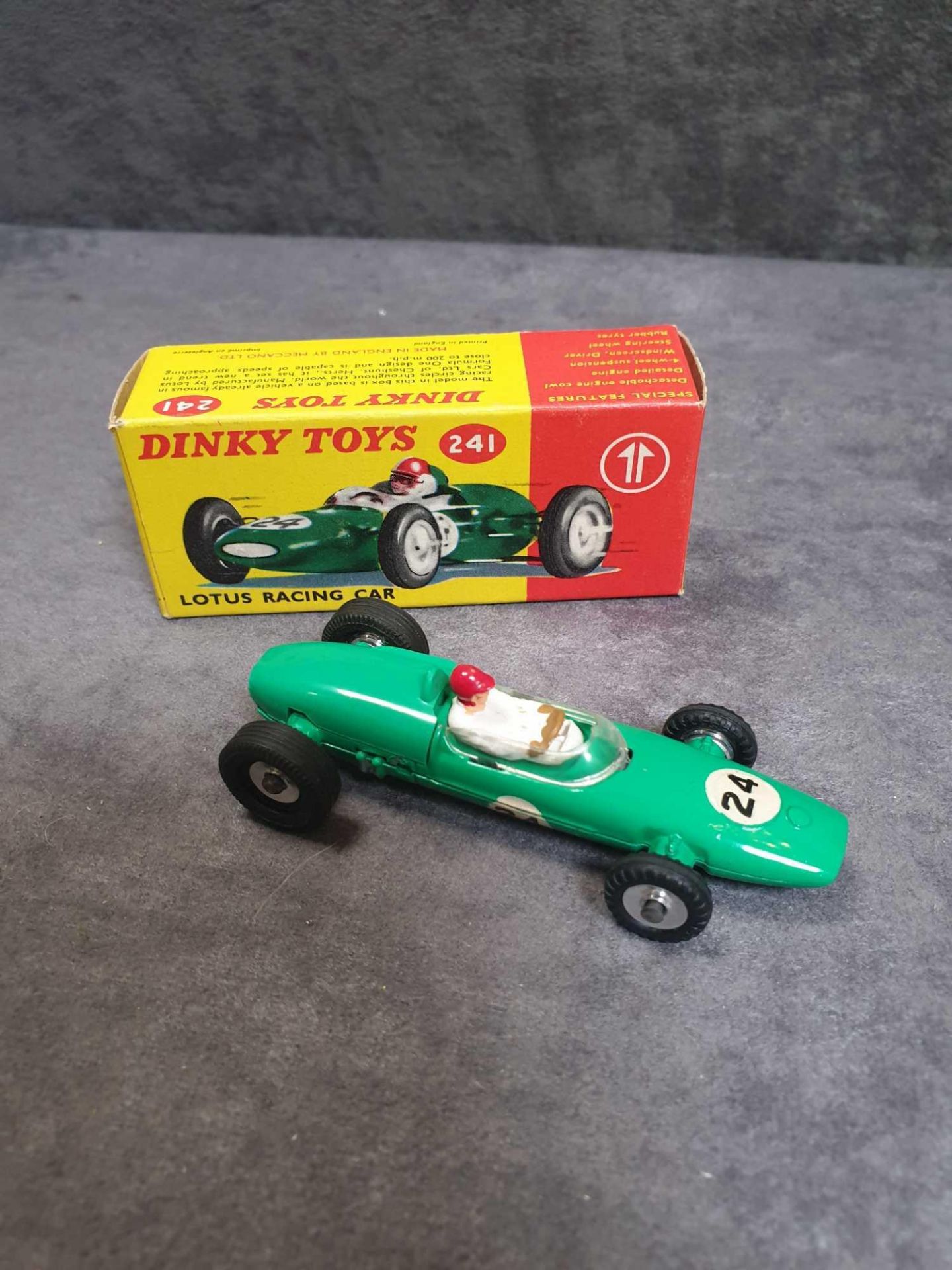 Mint Dinky Diecast #241 Lotus racing car green White driver with red helmet. RN #24 in a firm - Image 2 of 2