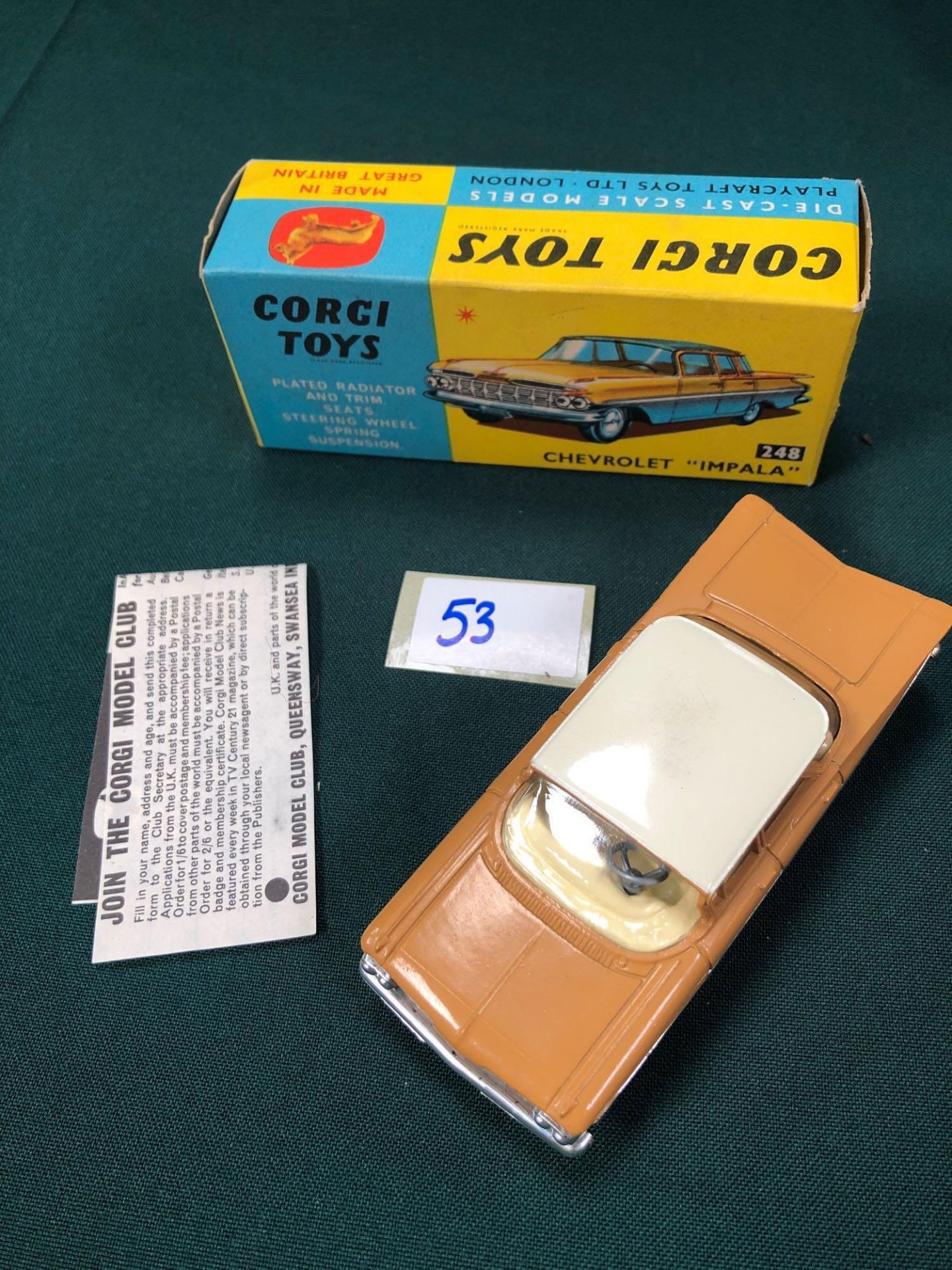 Mint Corgi Toys Diecast #248 Chevrolet Impala In Light Brown With Leaflet In A Excellent Box