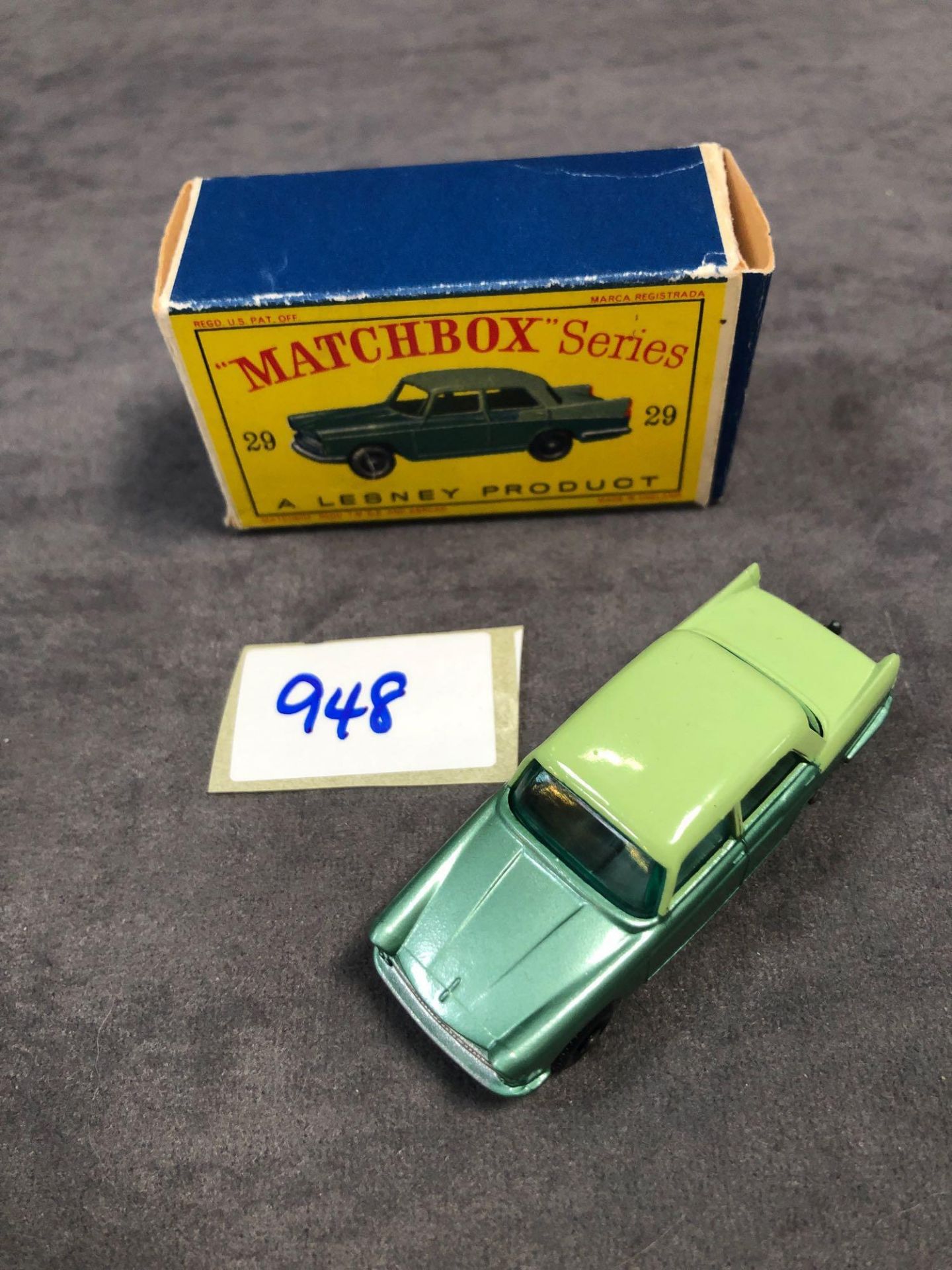 Mint Matchbox Series Lesney Diecast #29 Austin A 55 Cambridge In Two Tone Green With Black Wheels In