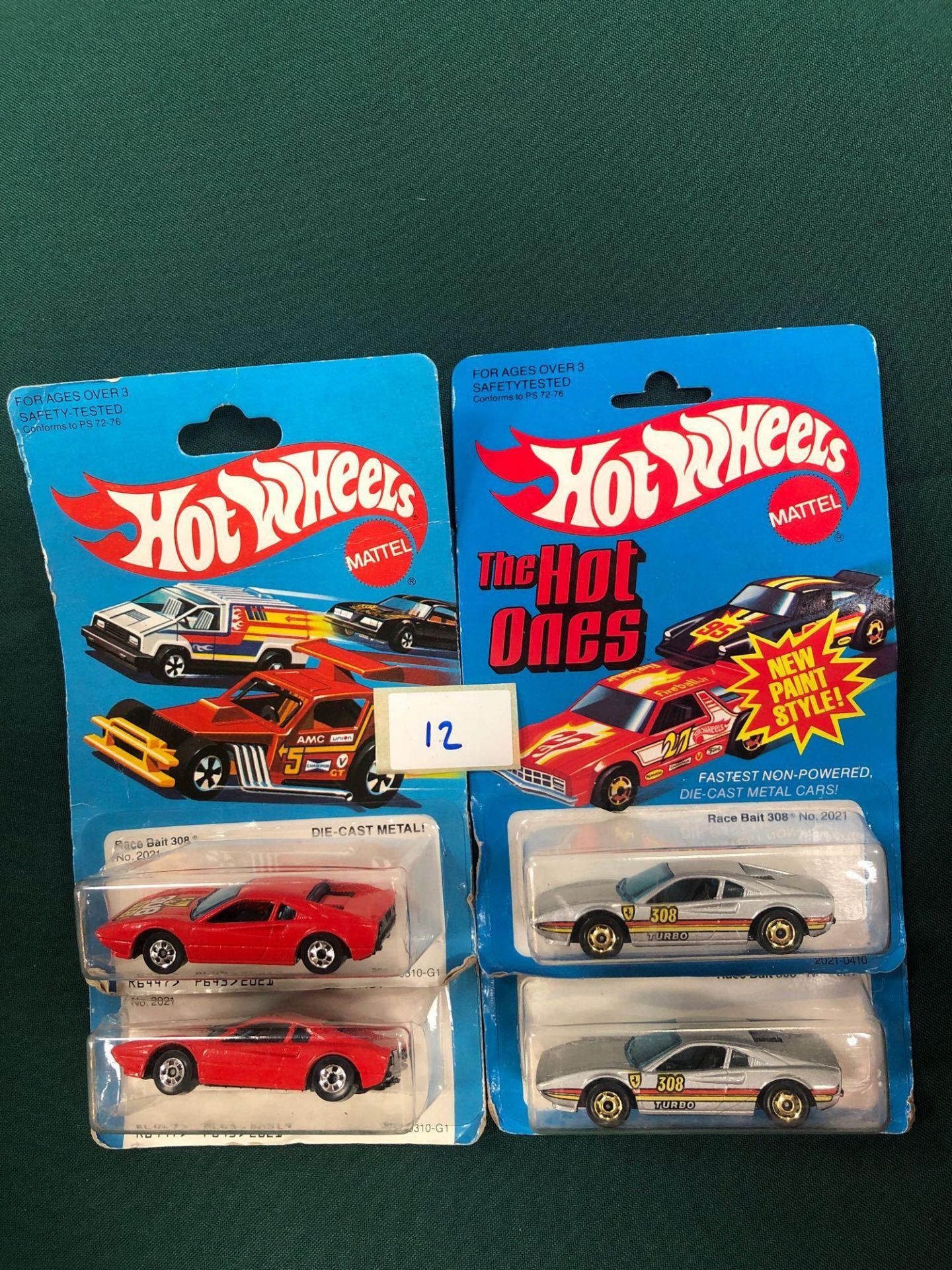 4x Hot Wheels Race Bait 308 Red And 2x Silver Cars - On Unopened Card all mint on card