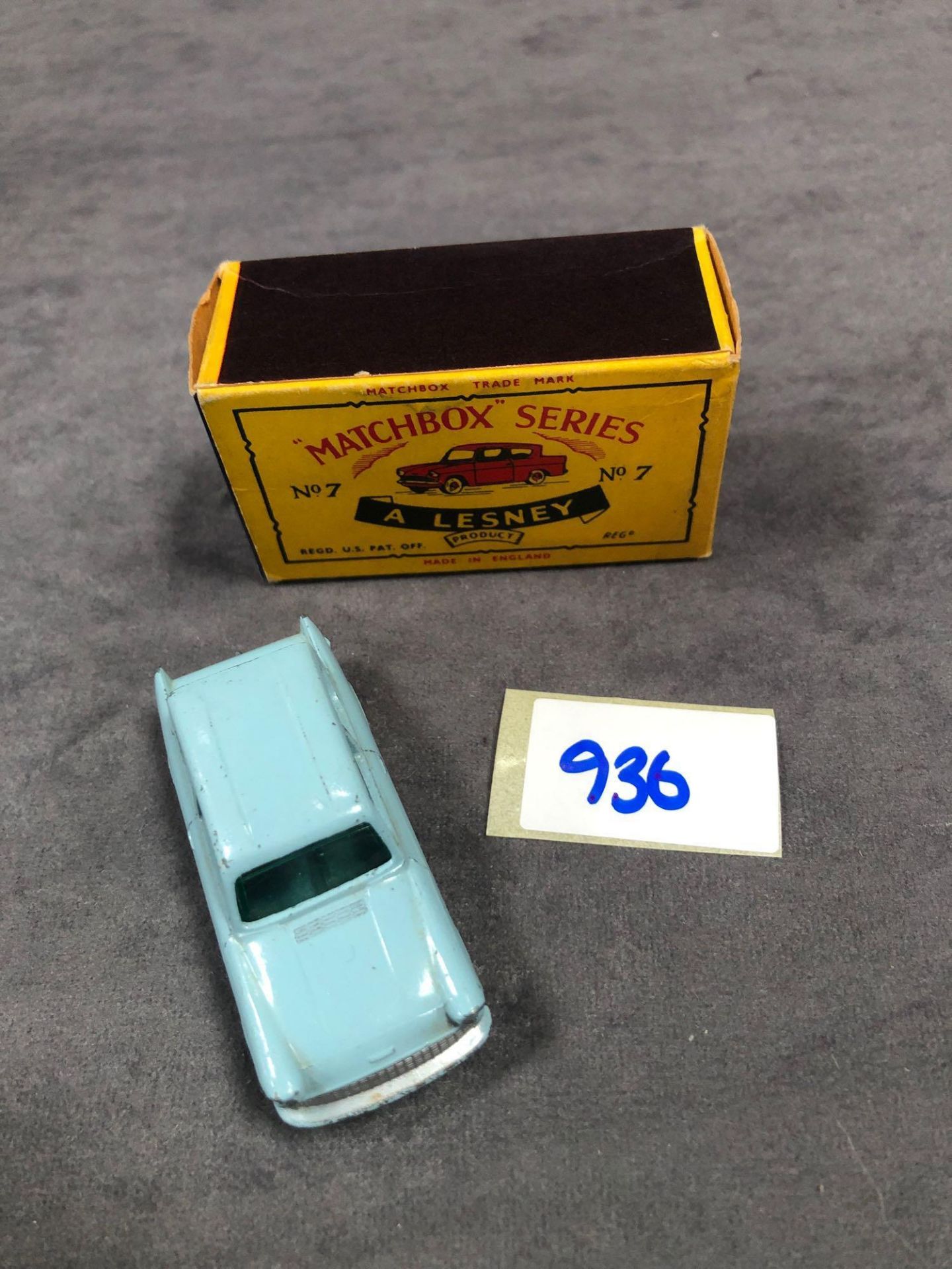 Matchbox Lesney No 7 "Ford Anglia Pale Blue With Silver Plastic Wheels In An Excellent Box