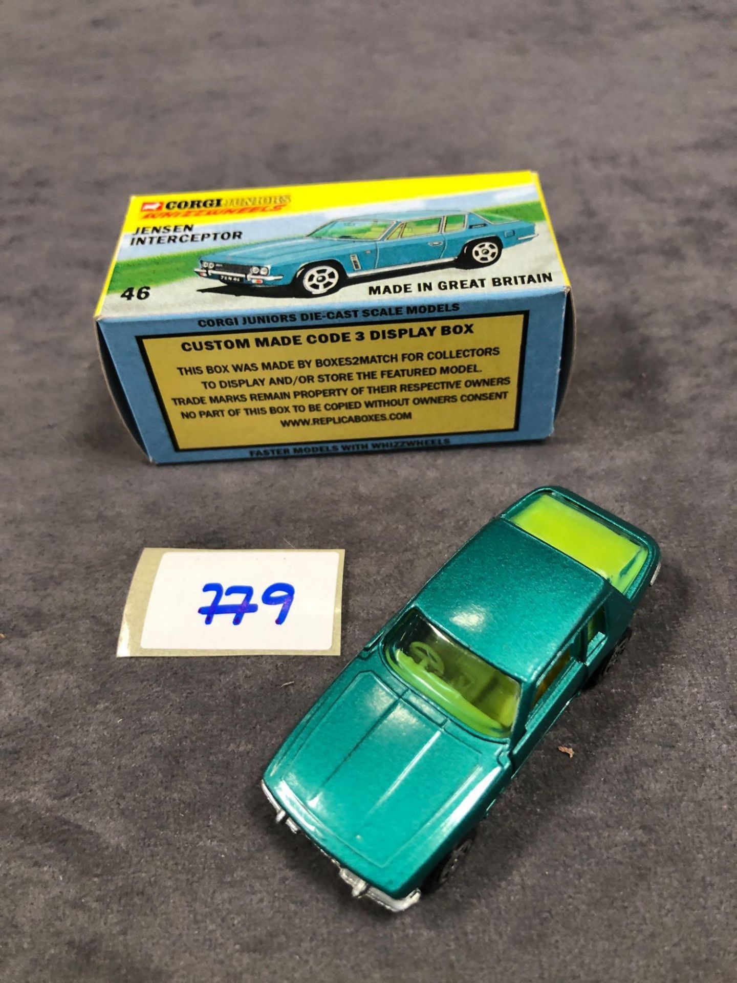 Mint Rarer Colour Corgi Whizzwheels Diecast #46 Jensen Interceptor In Metallic Green With Yellow