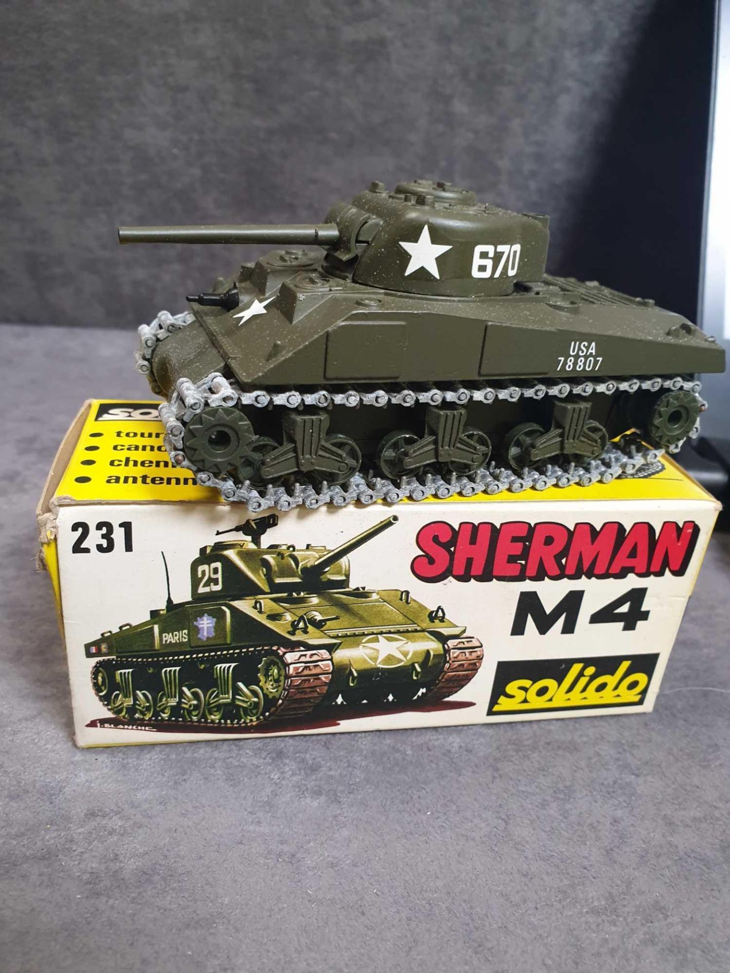 Mint Solido France Diecast # 231 Sherman Tank M4 M 4 A3 3/1972 France Original #2 With excellent Box - Image 2 of 2