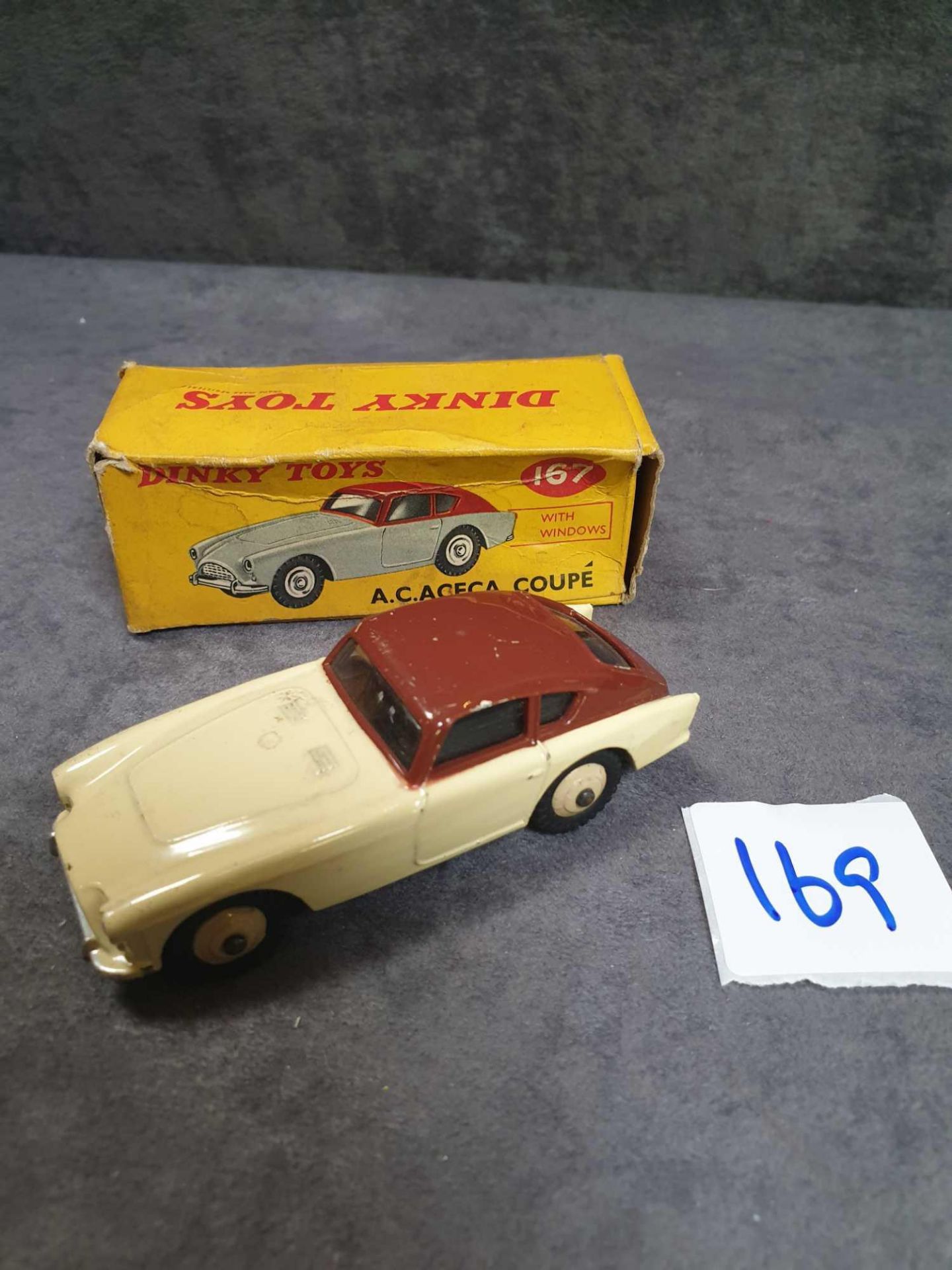 Near Mint Dinky Diecast #167 A C Aceca Coupe Cream and Brown roof and cast hubs 1/43 scale in box (