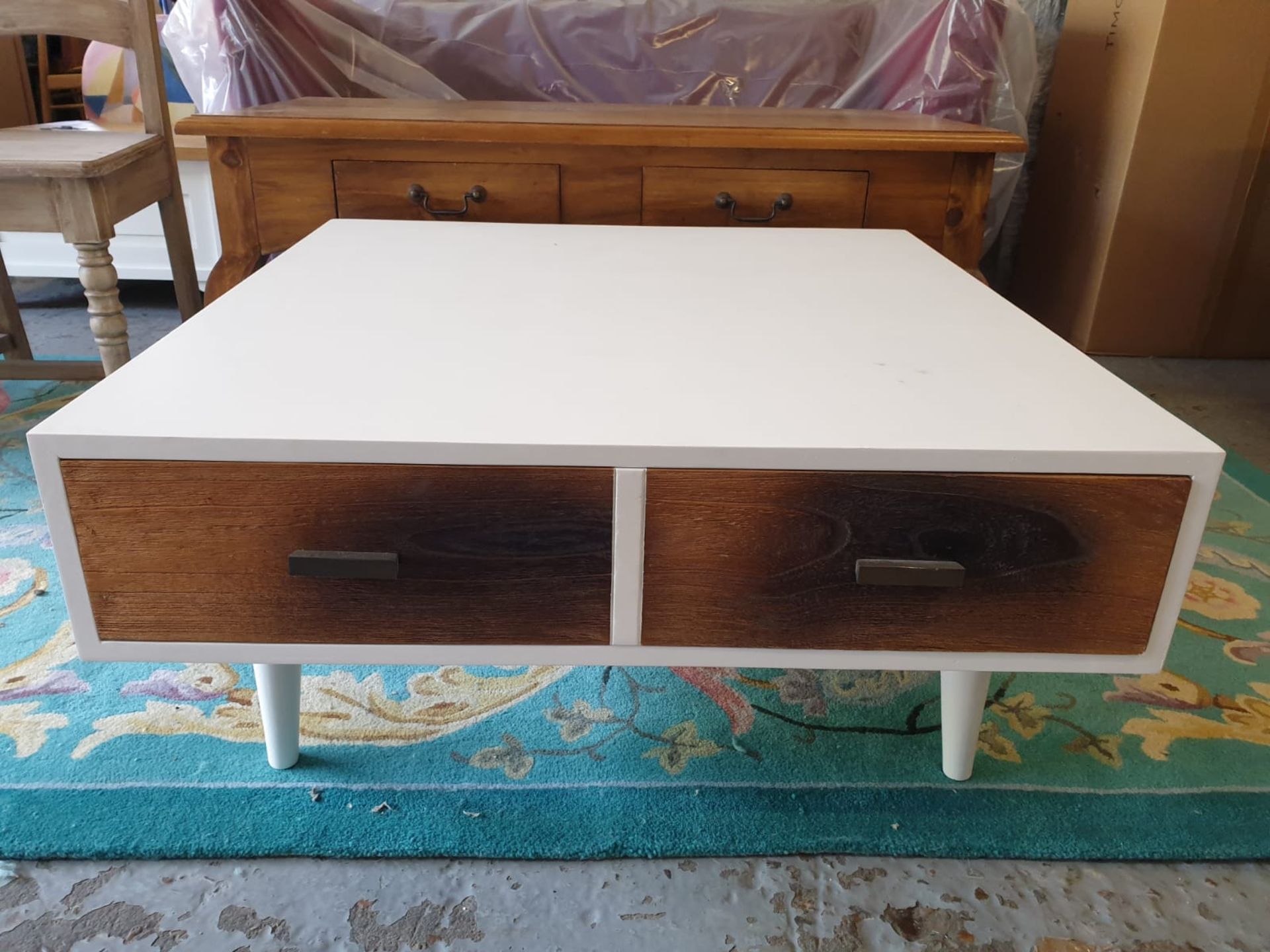 Vanilla Retro Square Coffee Table Walnut Veneer Front Panel And Gloss White 2 Drawers The clean, - Image 2 of 2