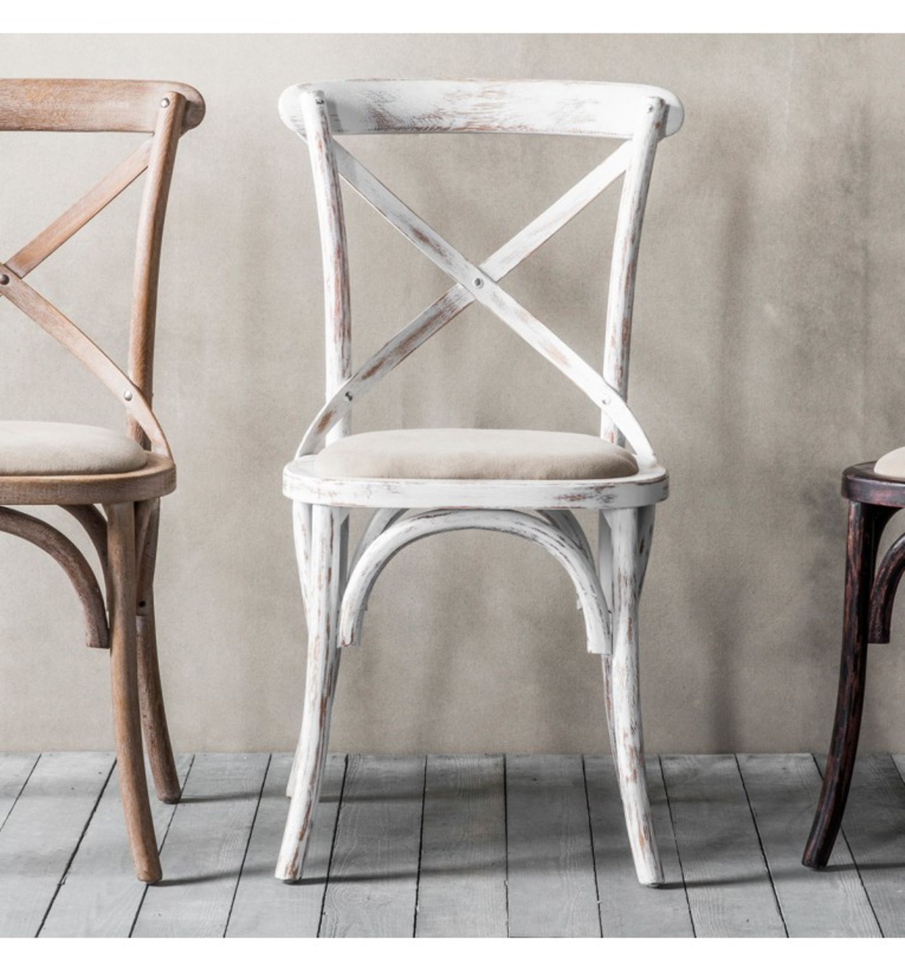 CAFE Chair White (2pk) A pack of 2 understated cross back chairs in a distressed white wood finish