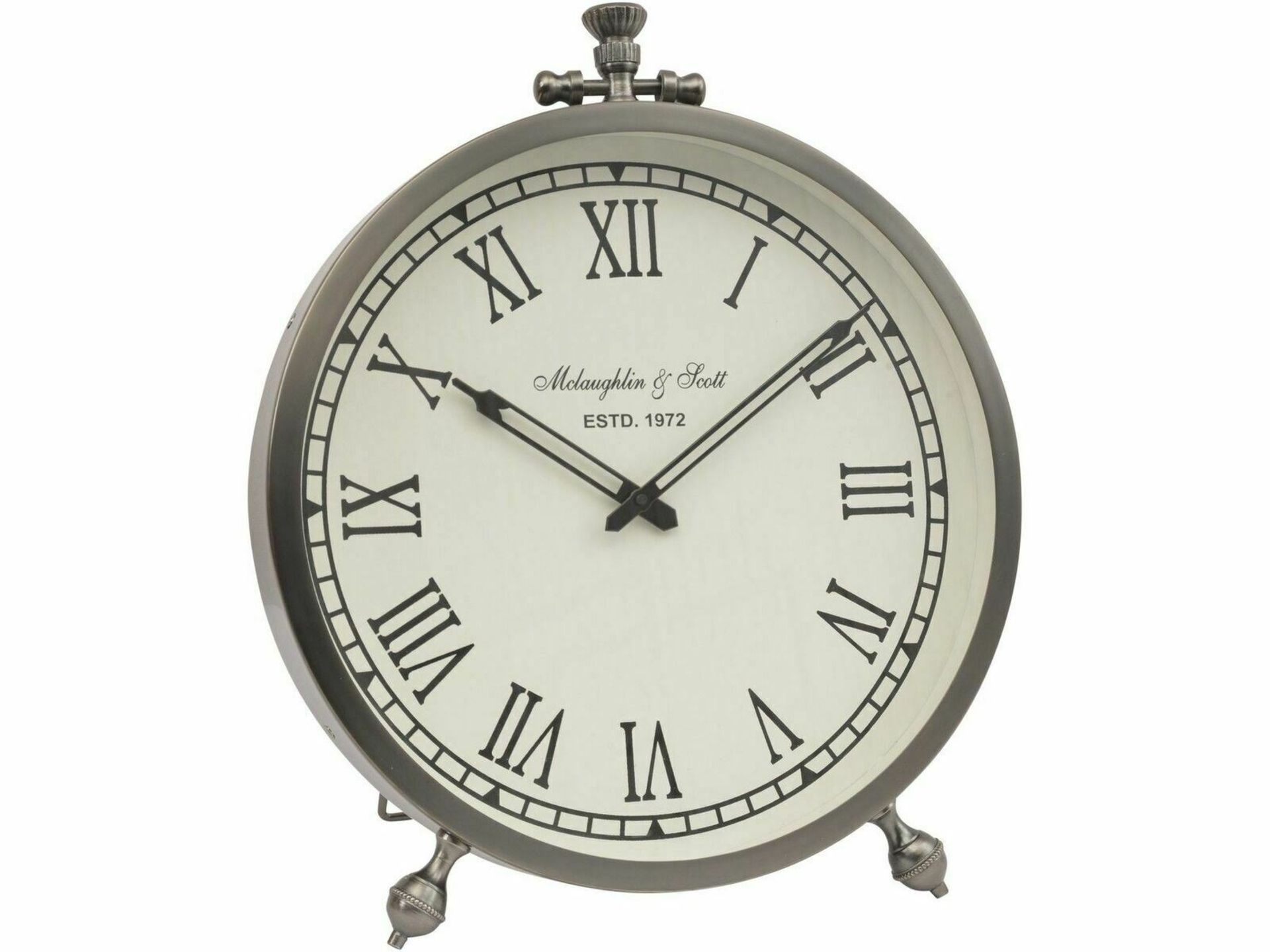 Satin Grey Large Round Table Clock Mclaughlin and Scott Estd 1972 Large Scale Satin Grey Round