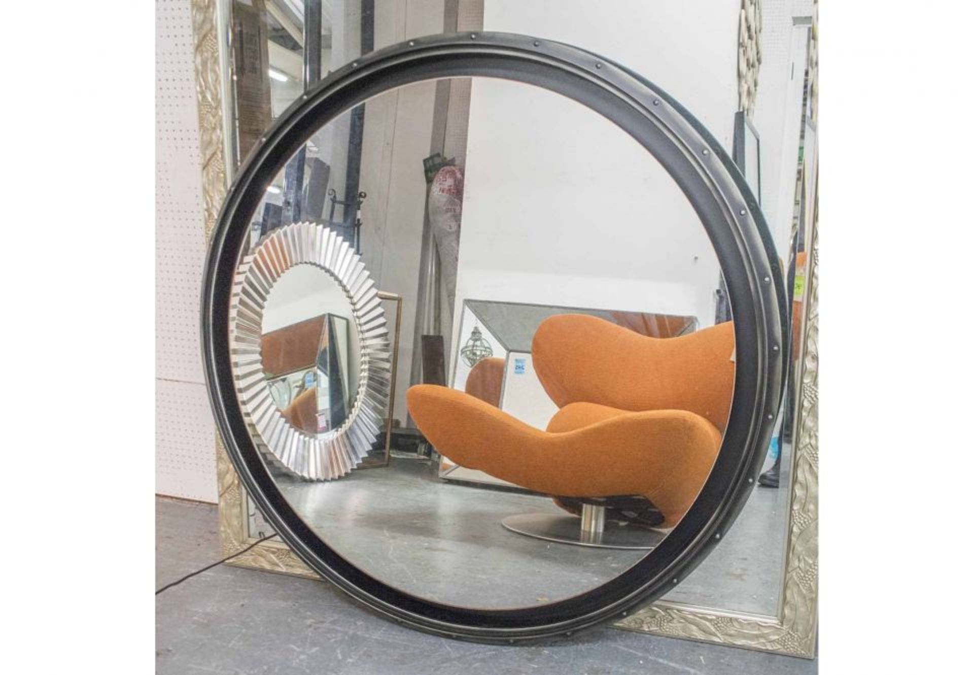 SADIE BACKLIT MIRROR Huge circular, wooden framed mirror with nail head detail, 122cm diam. x 10cm