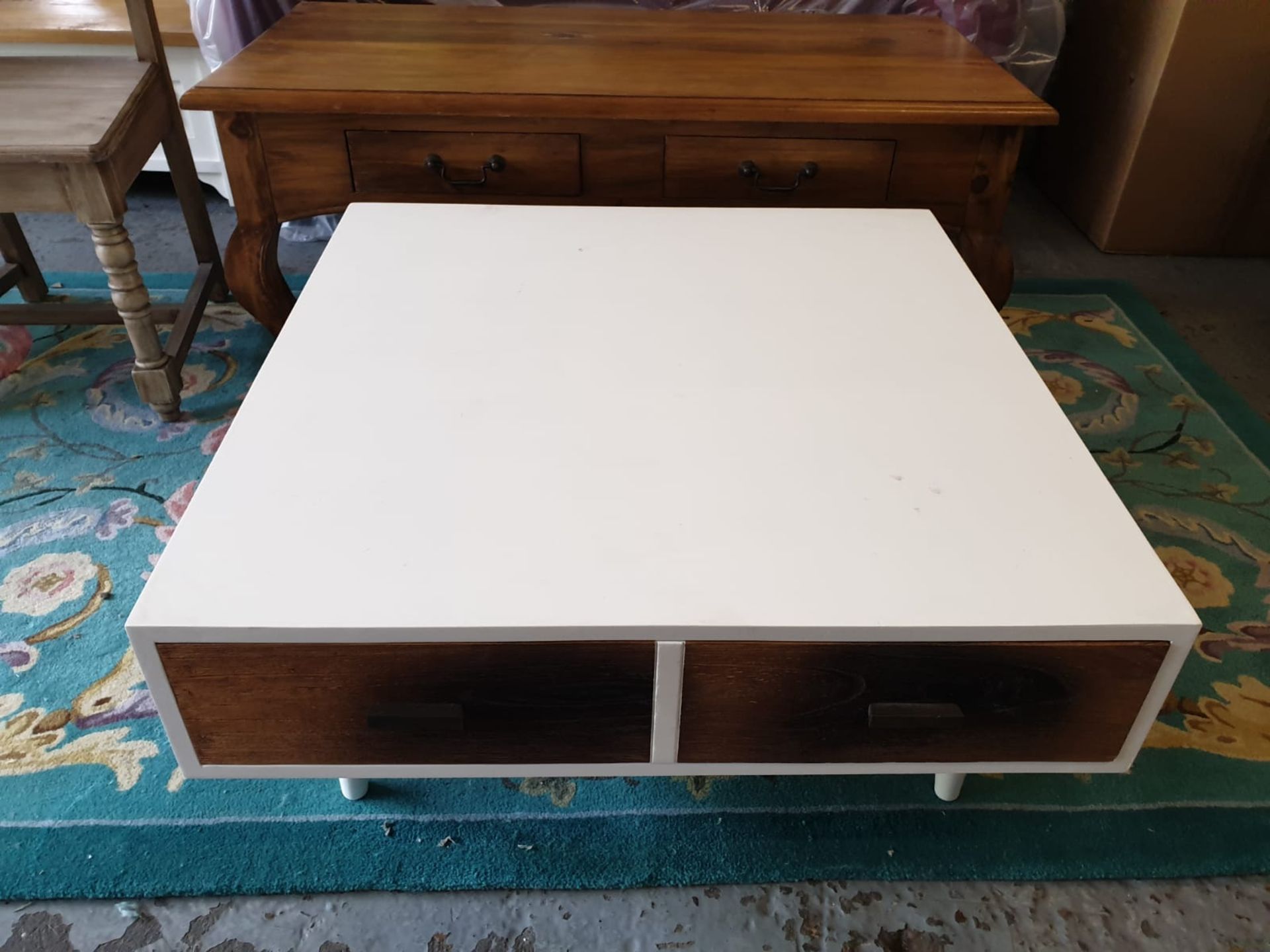 Vanilla Retro Square Coffee Table Walnut Veneer Front Panel And Gloss White 2 Drawers The clean,