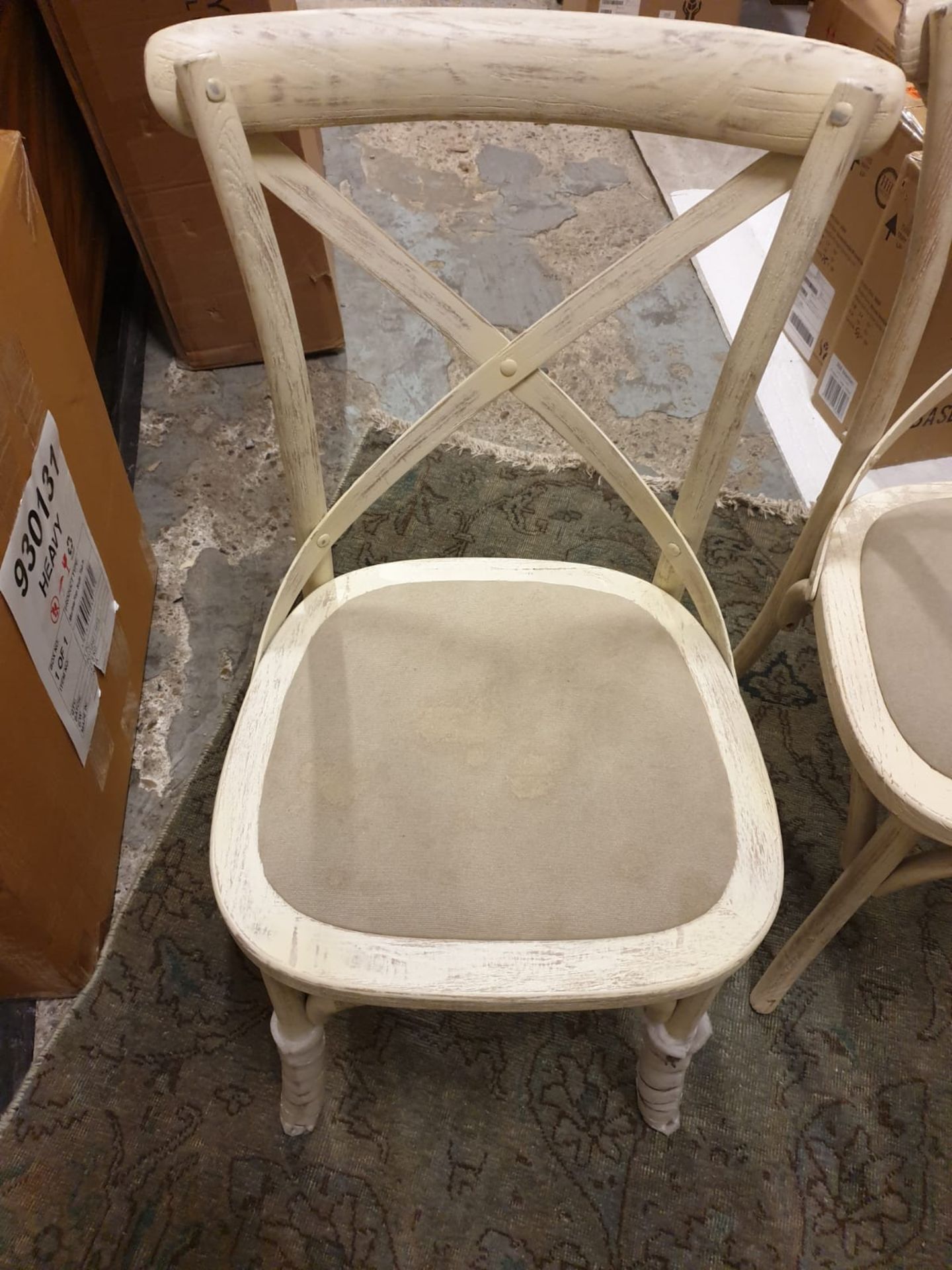 **Clearance Bargain** A pack of 2 understated cross back chairs in a distressed white wood finish - Image 3 of 3