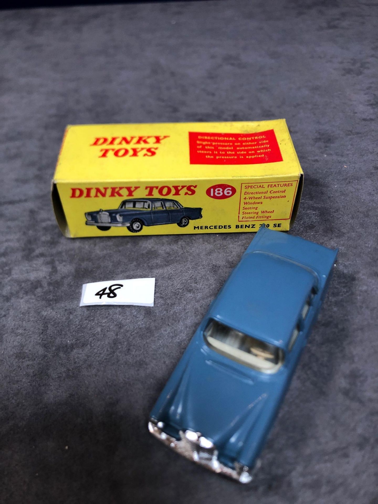 Dinky #186 Mercedes-Benz 220 SE Blue - Petrol Blue Body With White Interior. Spun Hubs. Mint in