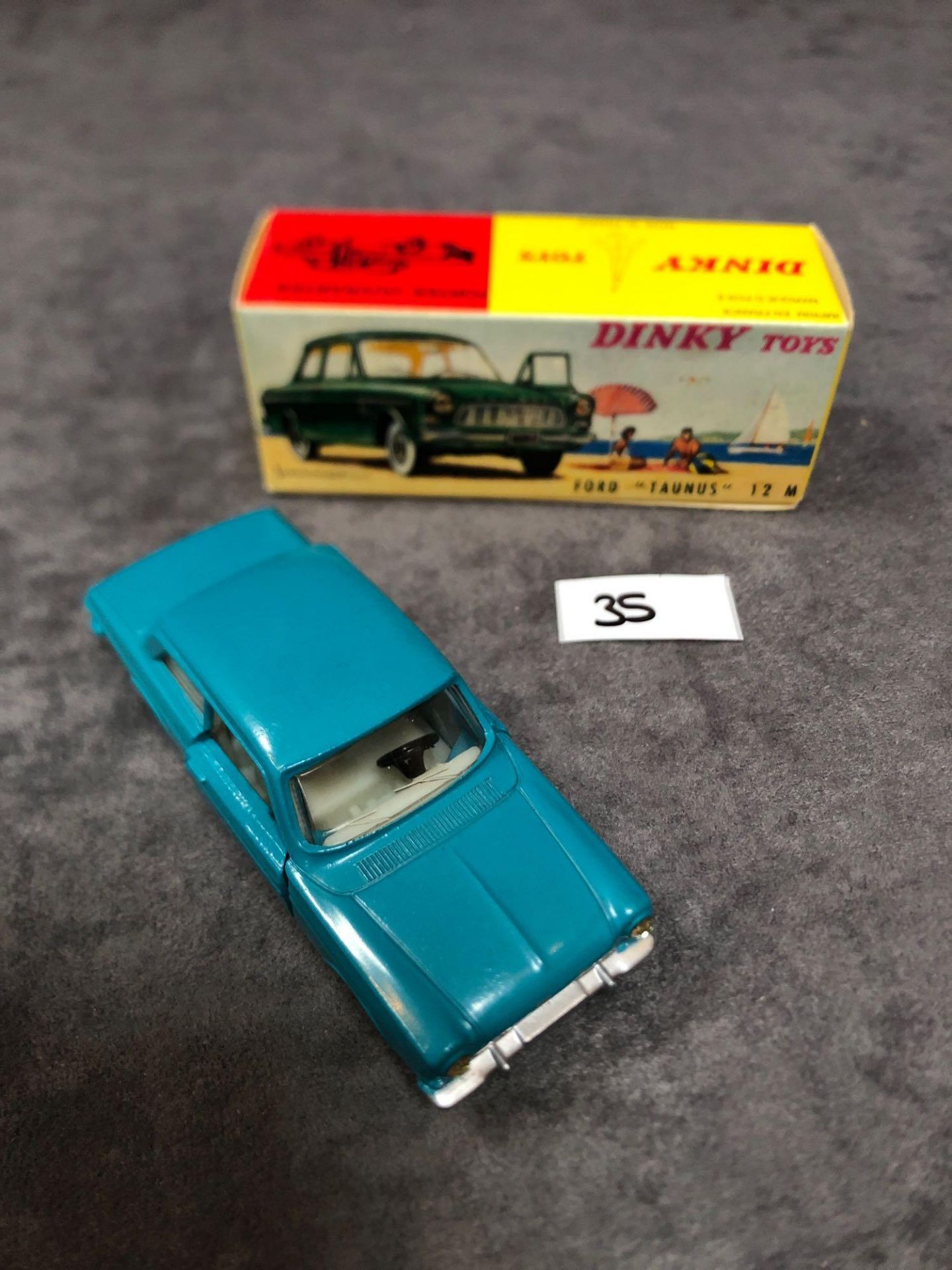 Dinky (France) Diecast #538 Ford Taunus 12 M Cream Interior And Concave Hubs. In Turquoise mint in a