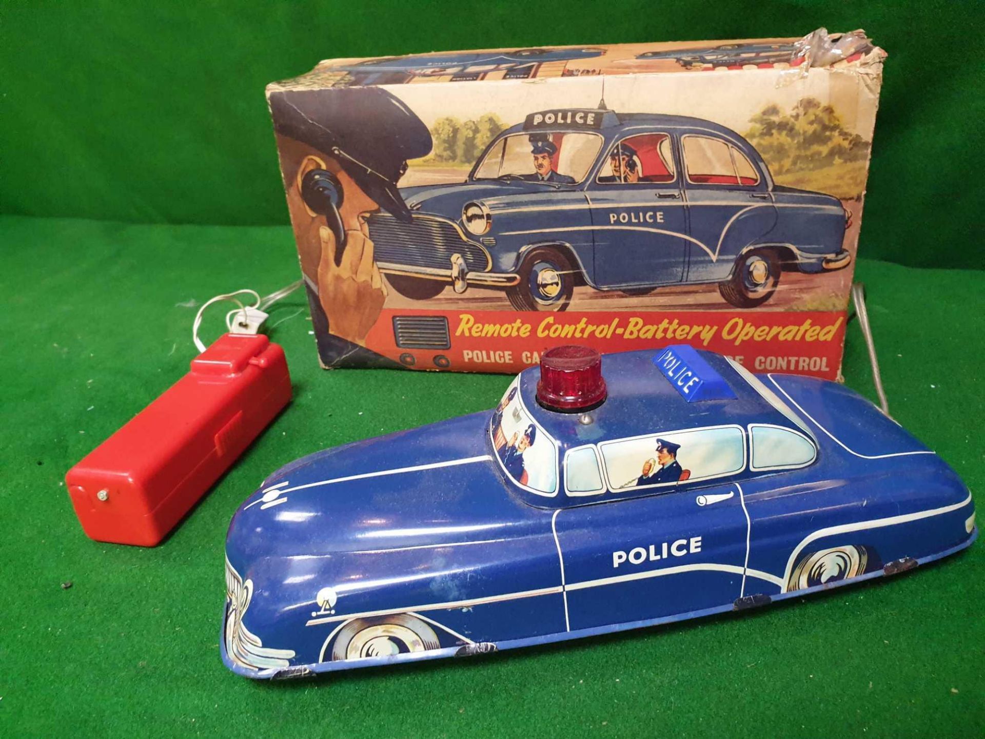 Welsotoys #141 Remote Control Battery Operated Police Car Lithograph Tin Plate Welsotoys 141