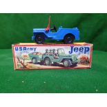 Muei Italy Plastic Us Army Jeep Blue Body With Red Windscreen no trailer in Good Firm Box