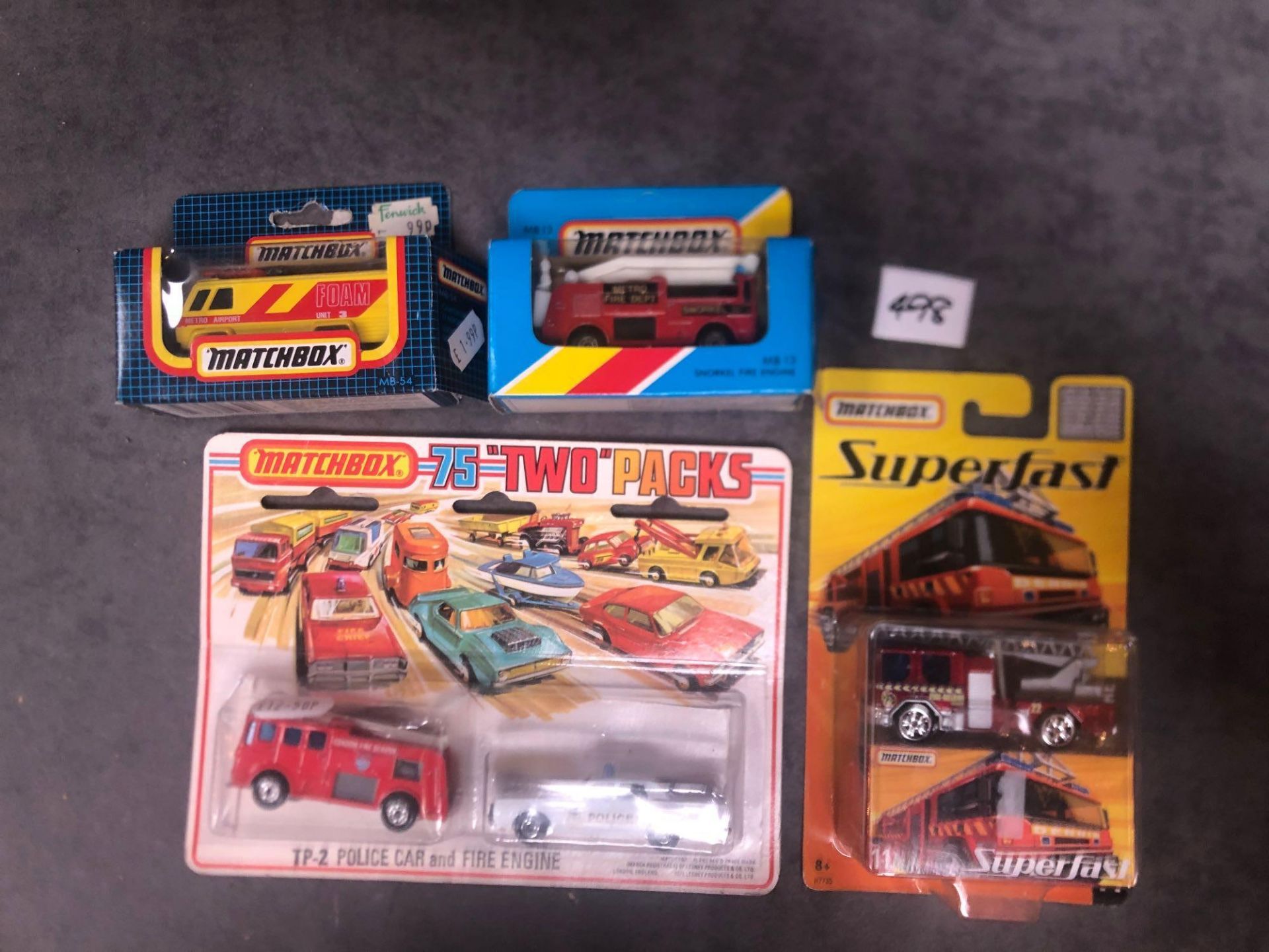 4 X Matchbox Diecast Vehicles Comprising Of # Matchbox Twin Pack Lesney TP-2 Police Car And Fire