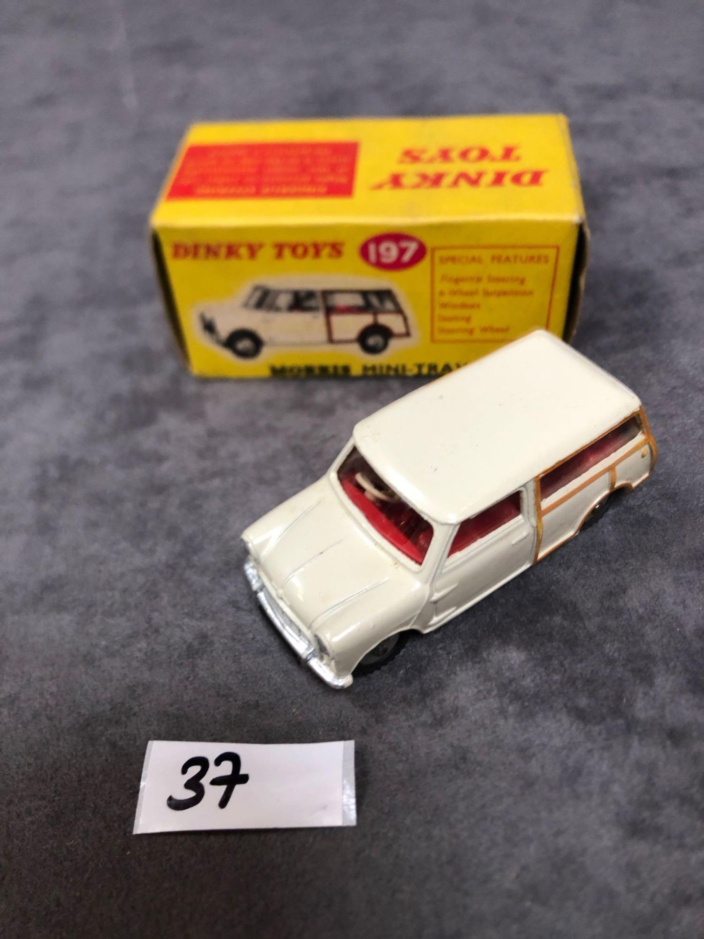 Dinky #197 Morris Mini Traveller Cream - Cream Body, Tan Woodwork And Red Interior. Mint In